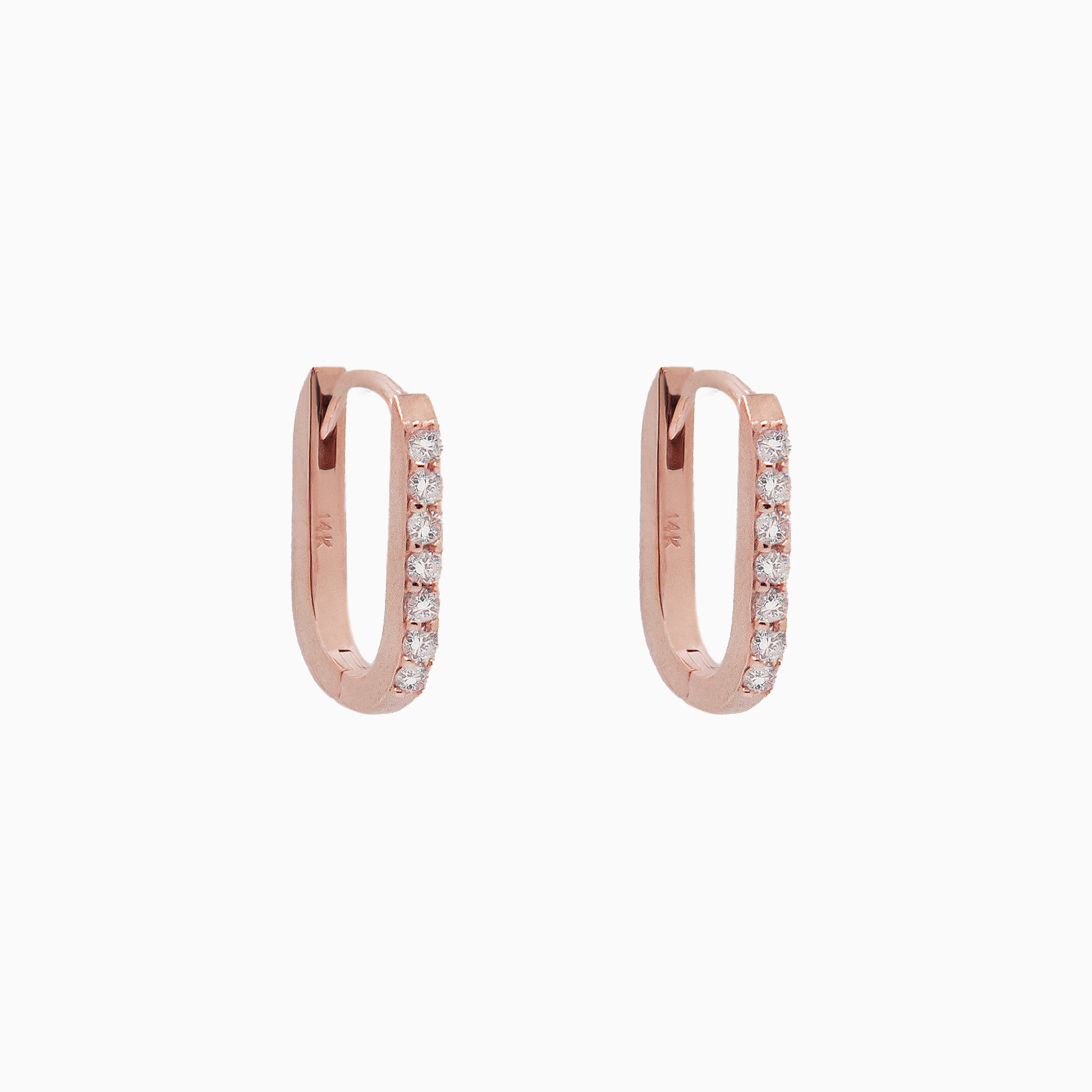 14k Rose Gold 13mm x 9mm Hinged Diamond Paperclip Hoop Earrings