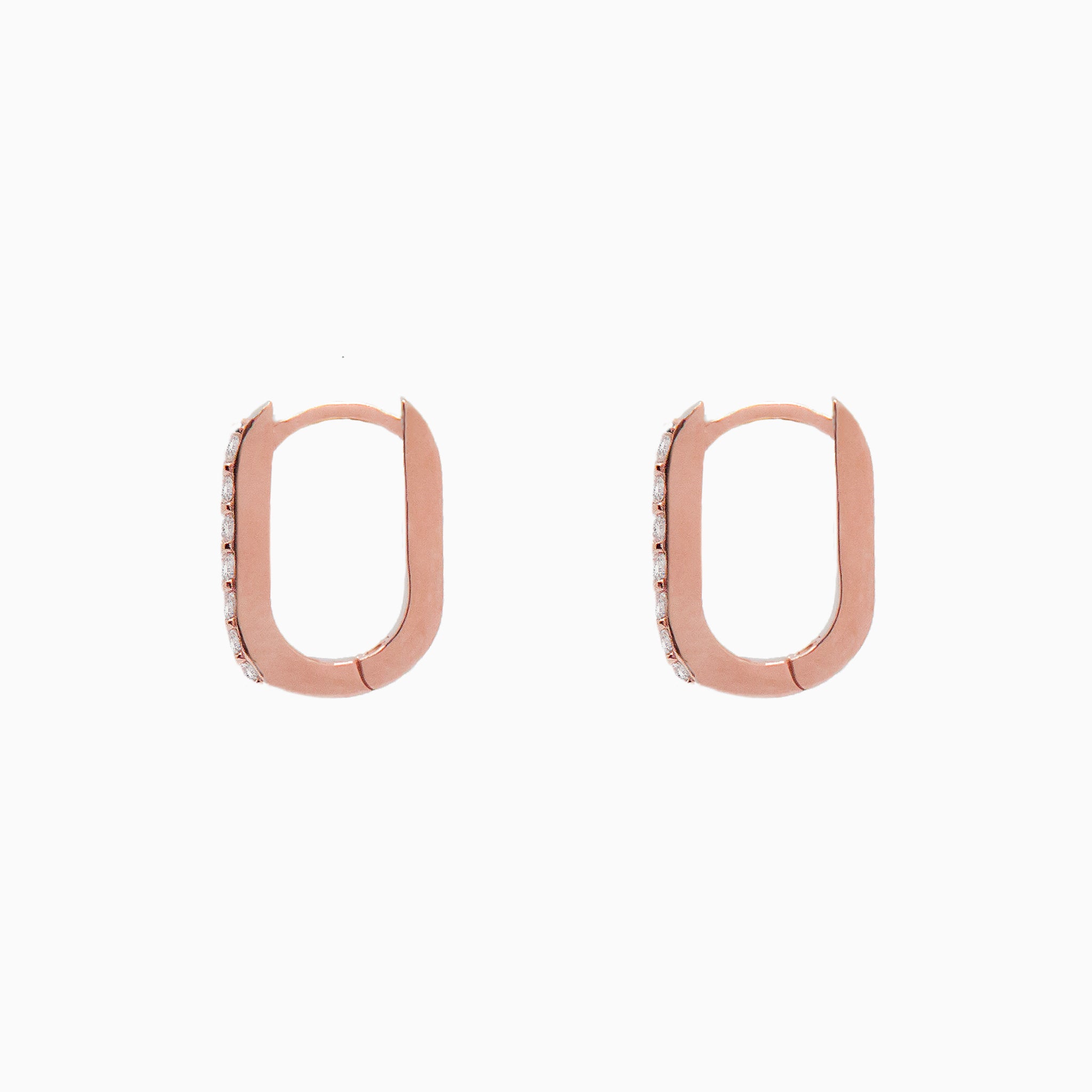 14k Rose Gold 13mm x 9mm Hinged Diamond Paperclip Hoop Earrings, Side View