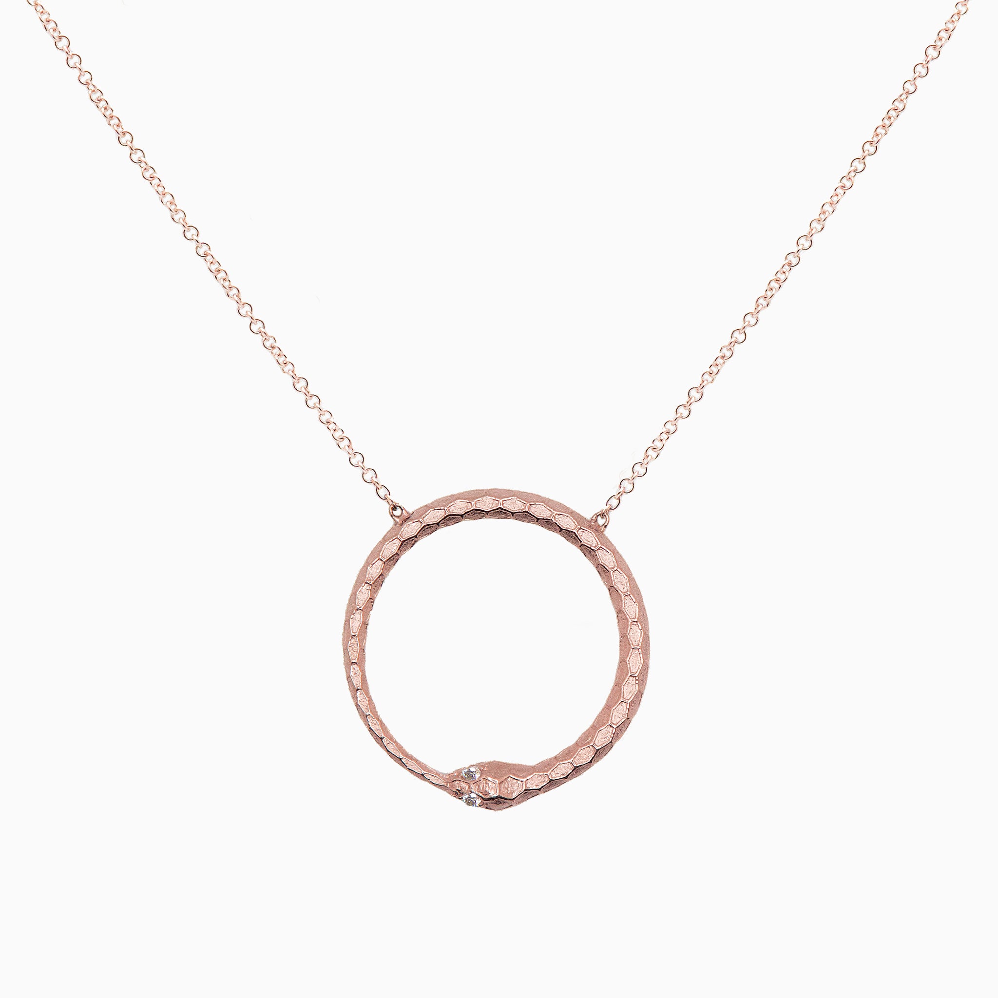 14k Rose Gold 20mm Ouroboros Snake with Diamond Eyes Necklace