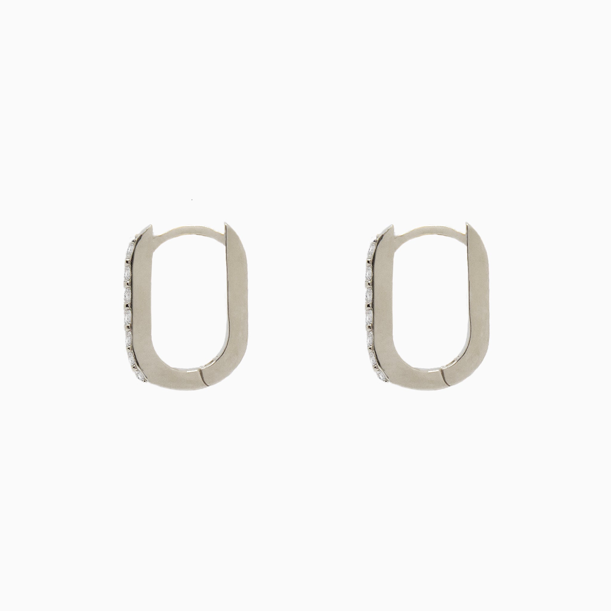14k White Gold 13mm x 9mm Hinged Diamond Paperclip Hoop Earrings, Side View