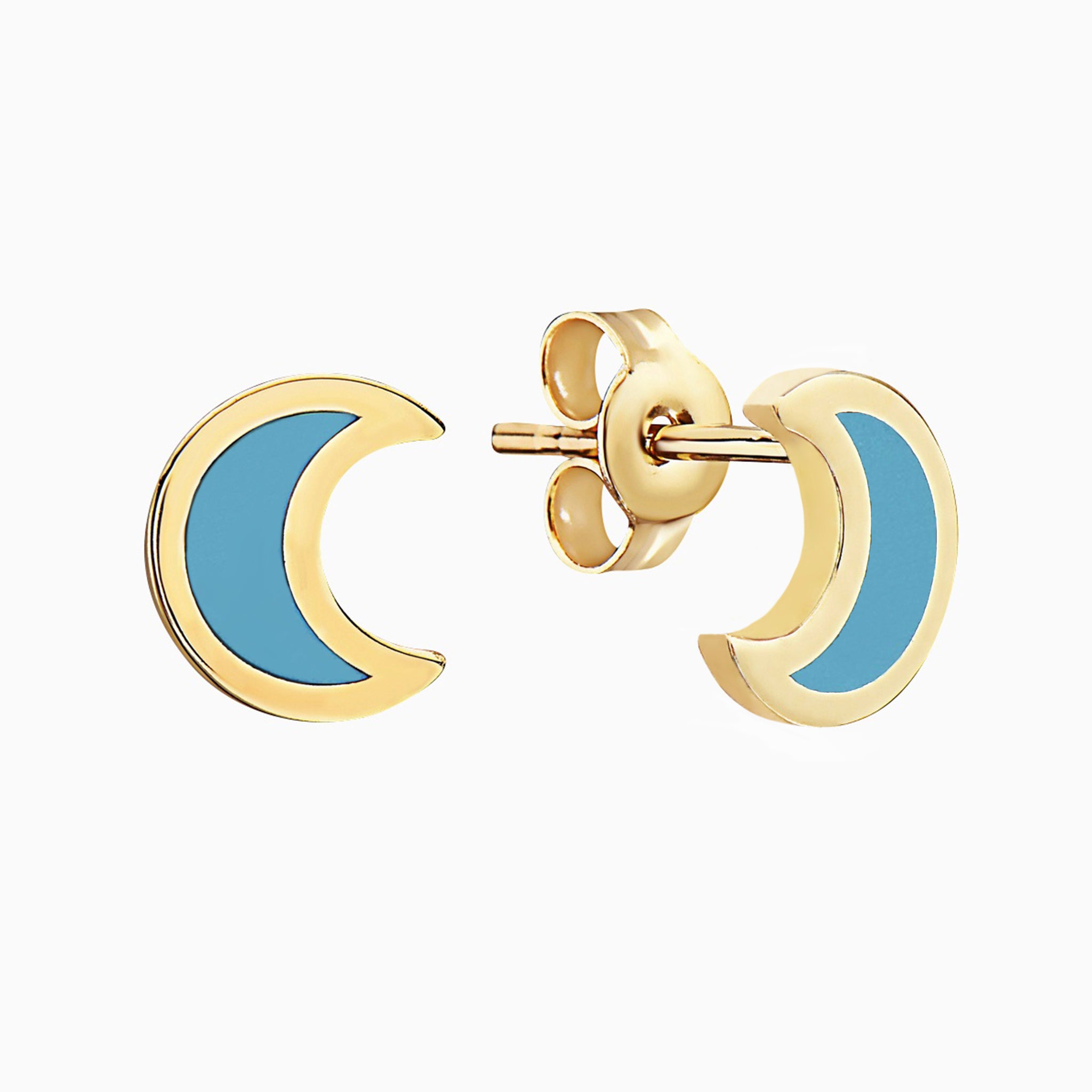 14k Yellow Gold Blue Turquoise Crescent Moon Stud Earrings