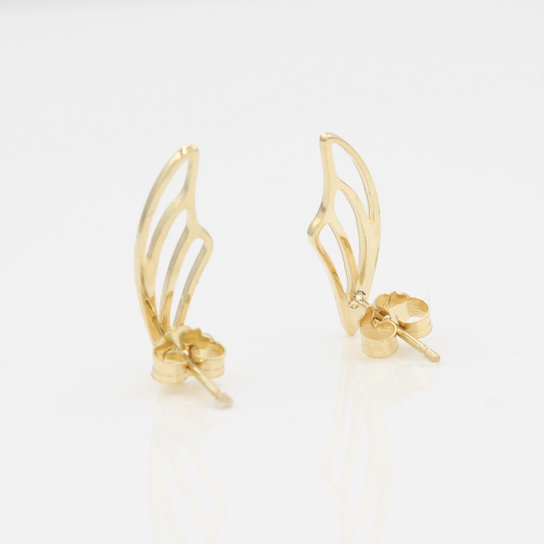 14k Yellow Gold Fairy Wing Ear Climbers Earrings with Posts, back view.