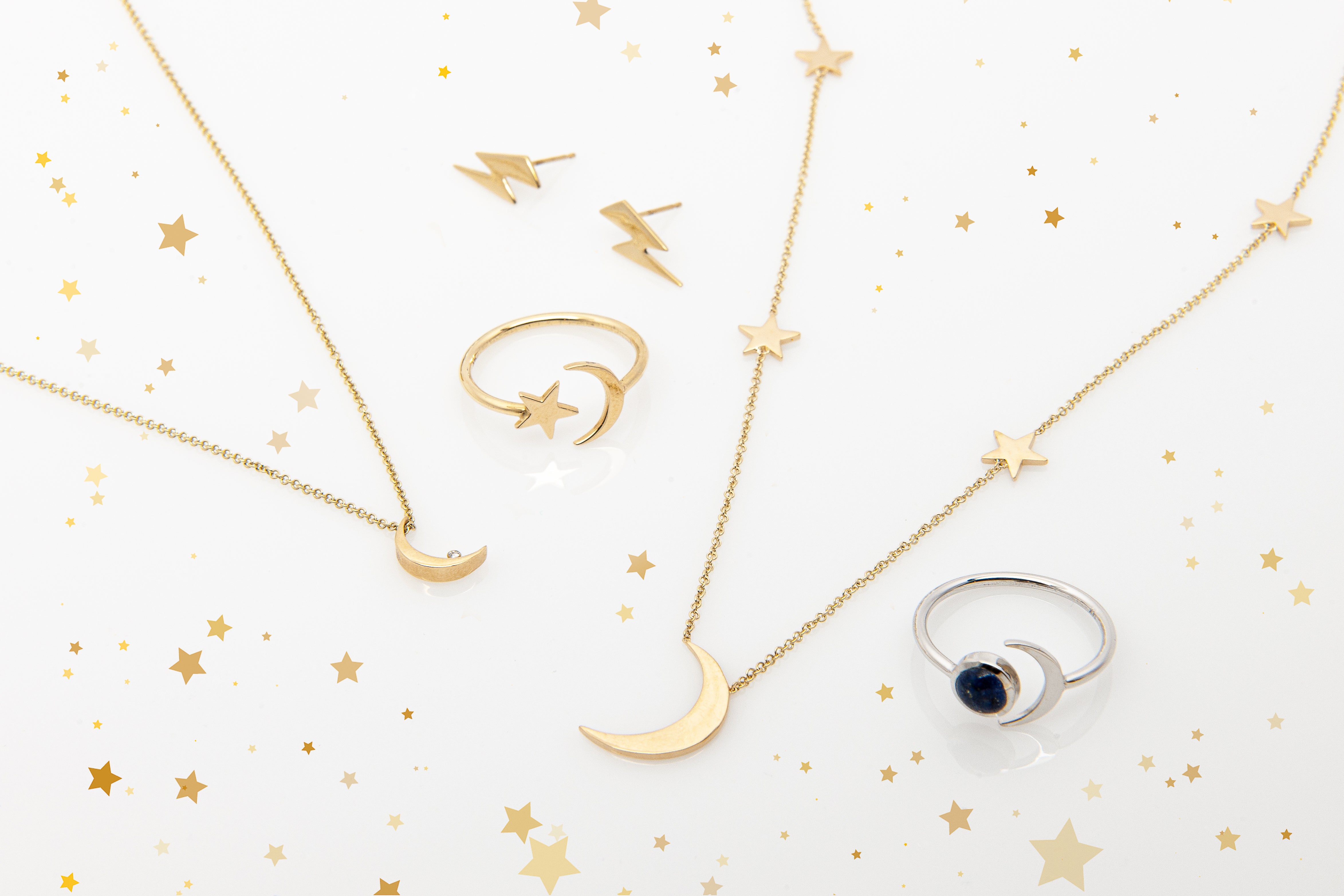 A preview of Starflower Jewelry’s celestial collection, including 14k Yellow Gold Crescent Moon with Diamond Pendant.