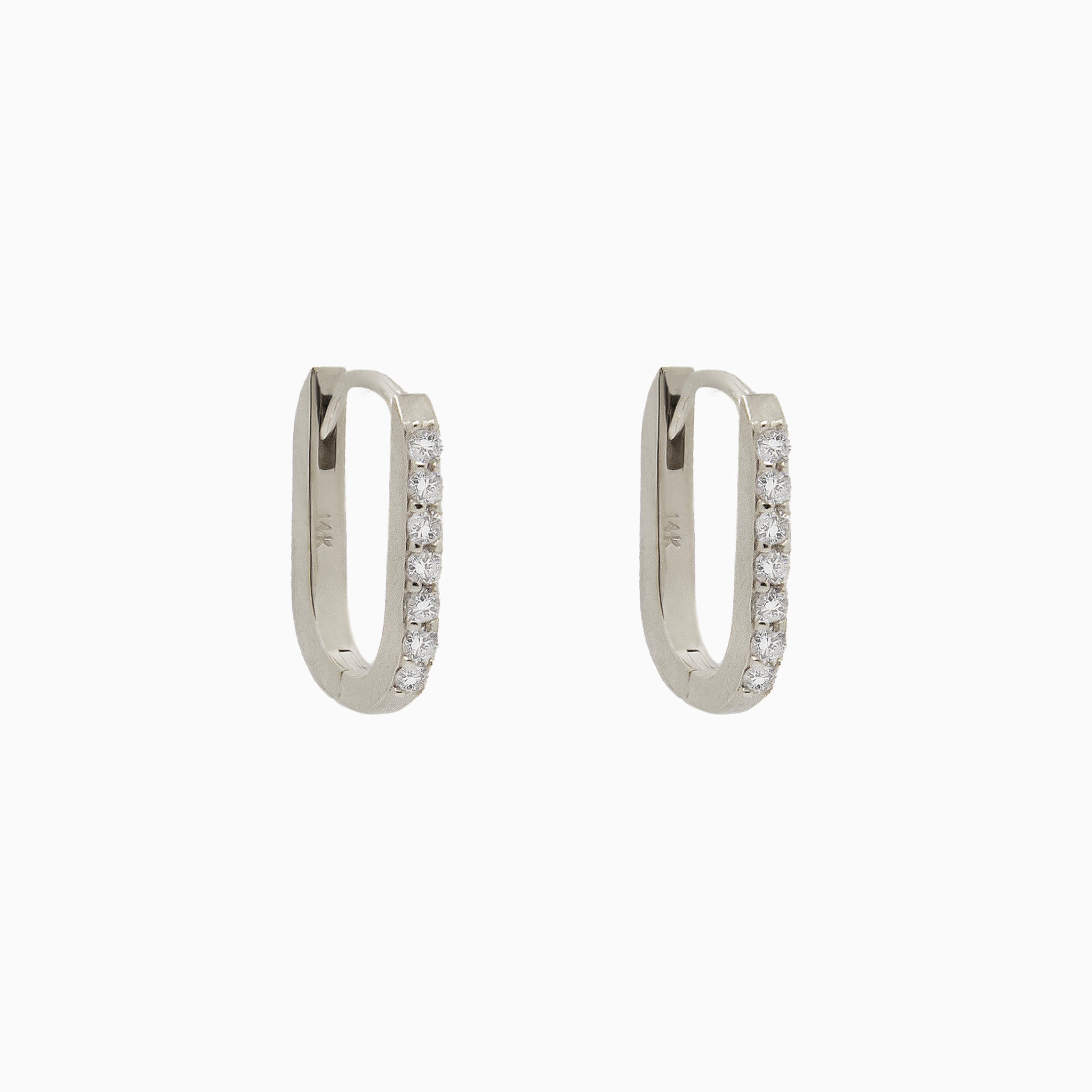 14k White Gold 13mm x 9mm Hinged Diamond Paperclip Hoop Earrings