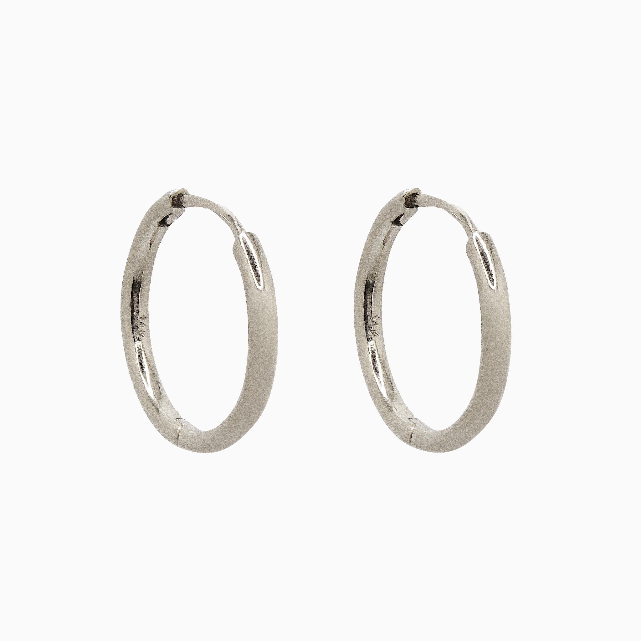 14k White Gold 19mm Hinged Everyday Round Solid Hoop Earrings, Side View