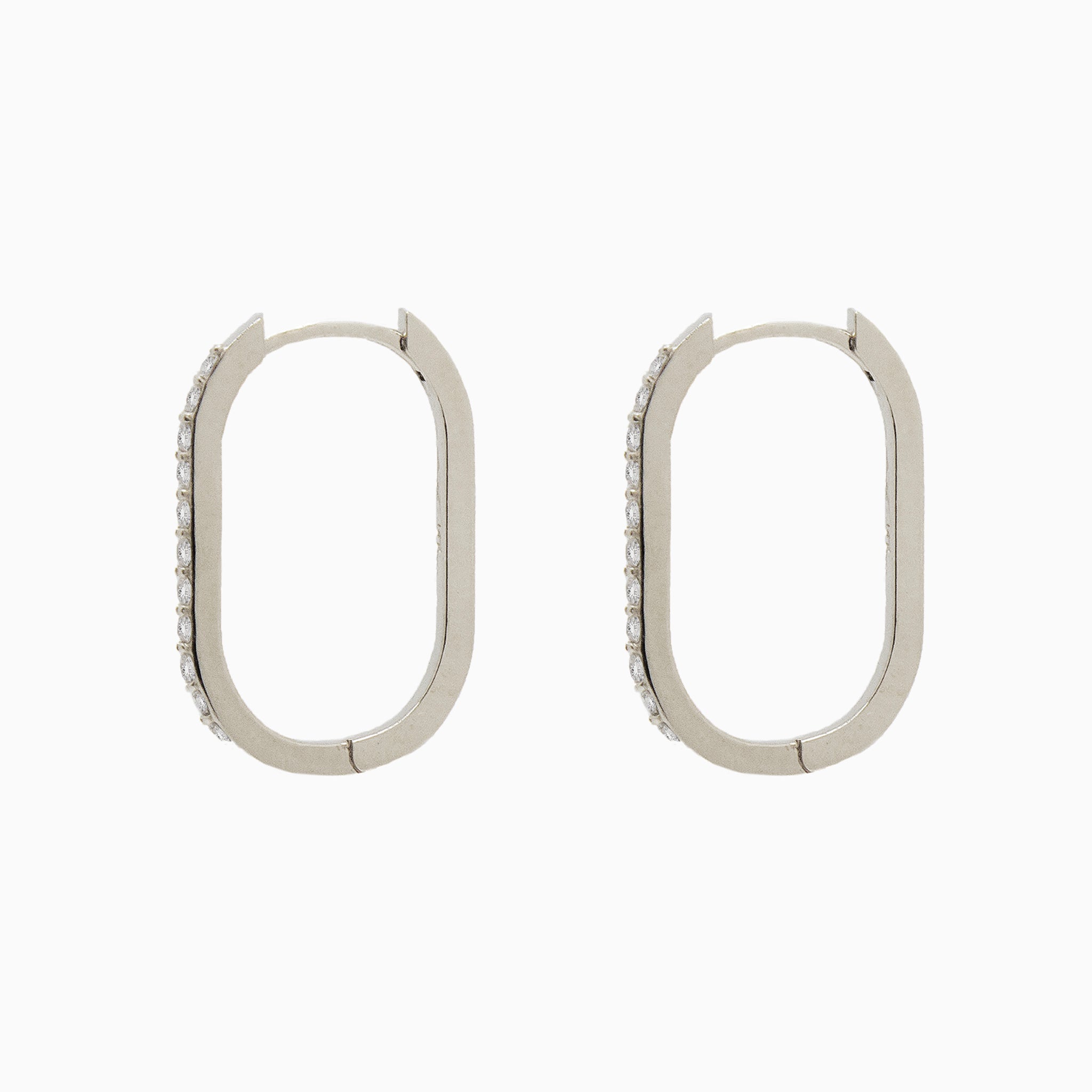14k White Gold 19mm x 13mm Hinged Diamond Paperclip Hoop Earrings, Side View