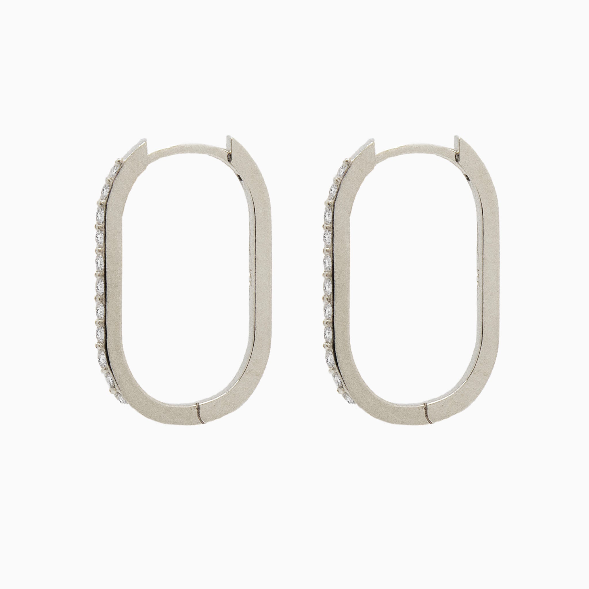 14k White Gold 21mm x 14mm Hinged Diamond Paperclip Hoop Earrings, Side View