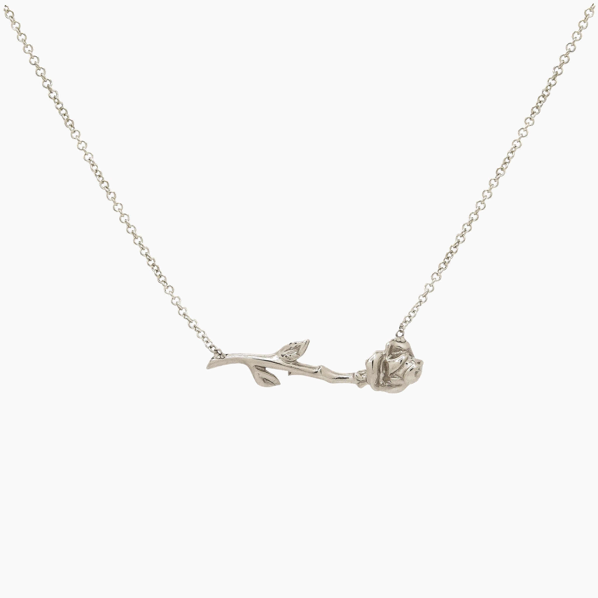 14k White Gold Long-Stemmed Rose Flower Necklace