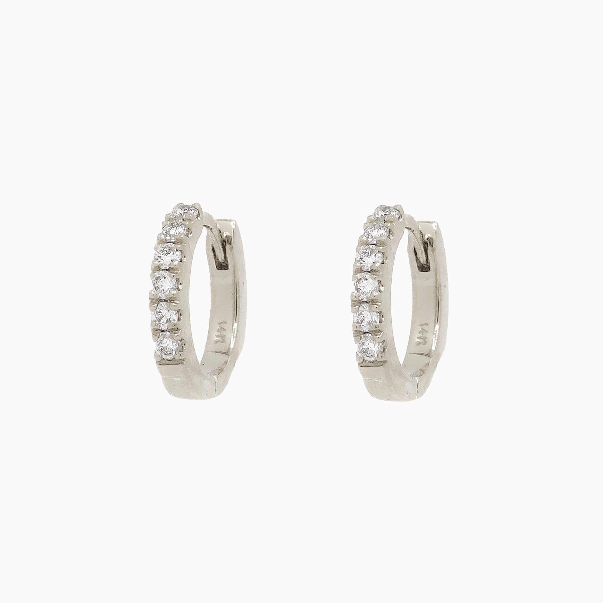 14k White Gold Diamond Huggie Hoop Earrings