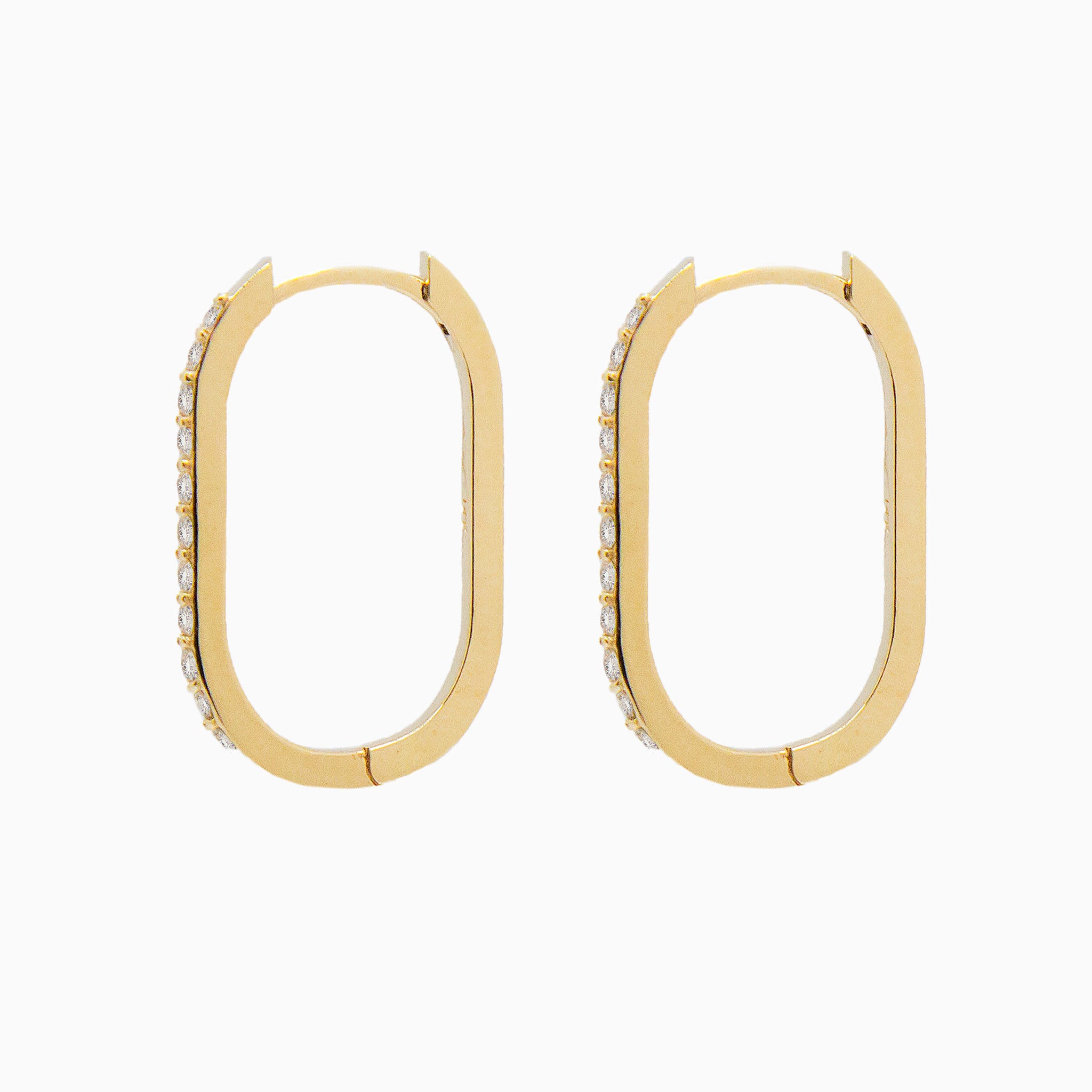 14k Yellow Gold 21mm x 14mm Hinged Diamond Paperclip Hoop Earrings, Side View