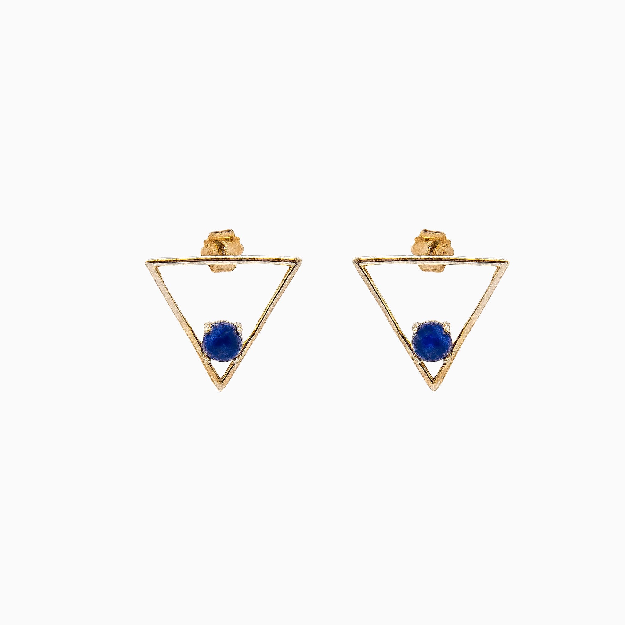 14k Yellow Gold Open Triangle Blue Lapis Stud Earrings