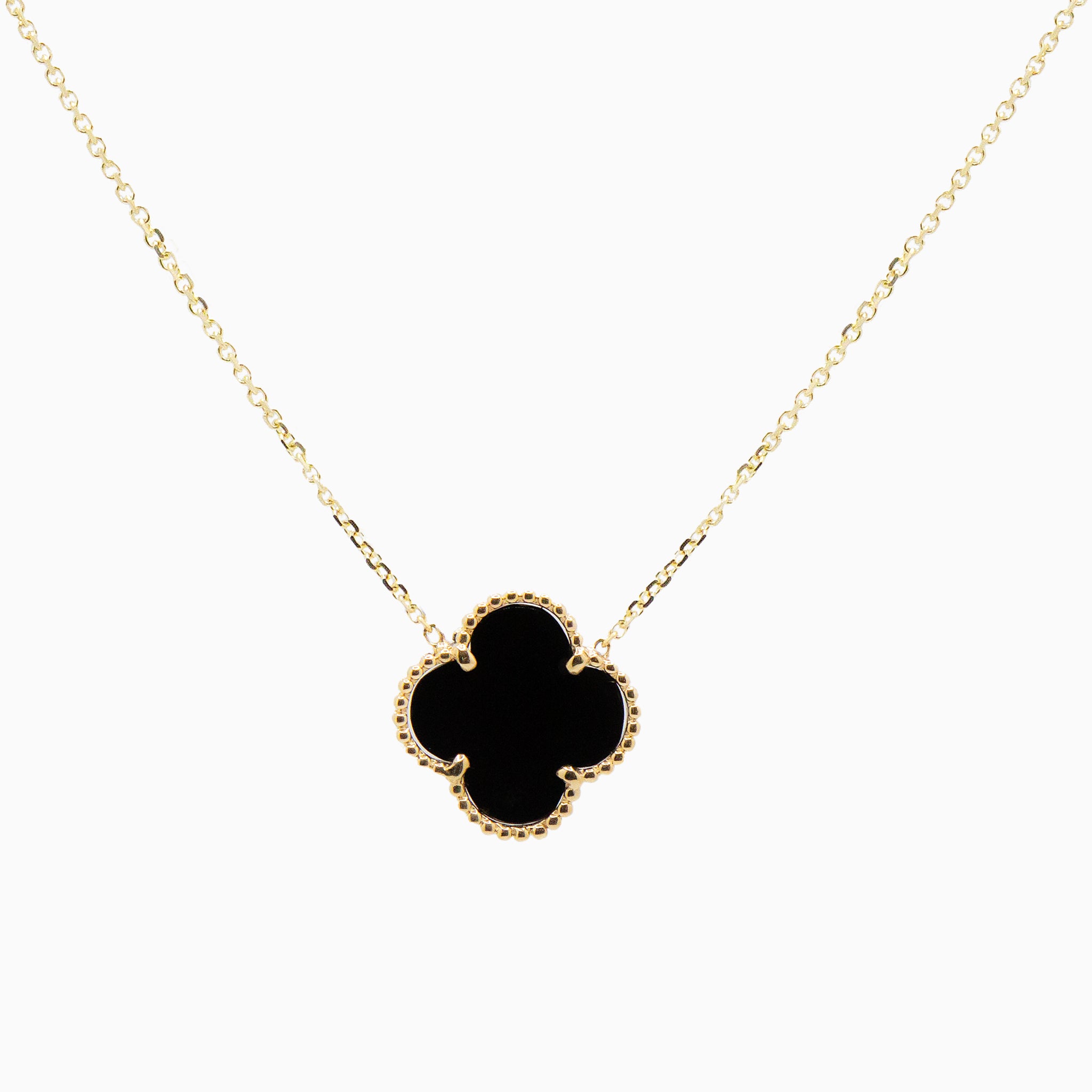 14k Yellow Gold Black Onyx Clover Diamond Cut Cable Chain Necklace