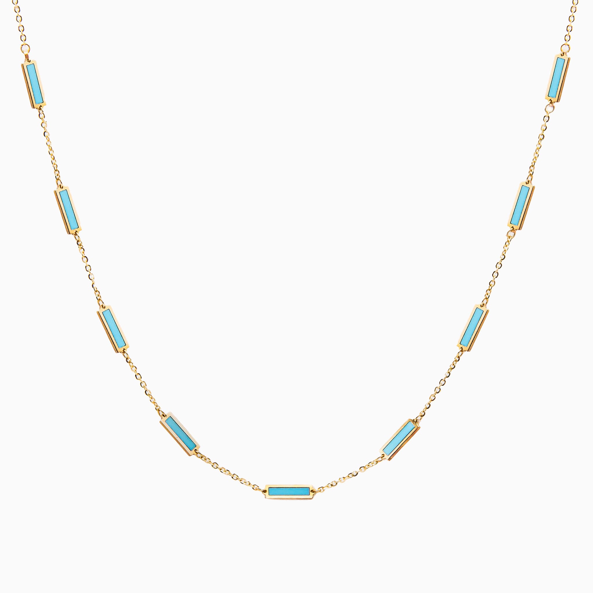 14k Yellow Gold Turquoise 9 Bar Station Necklace