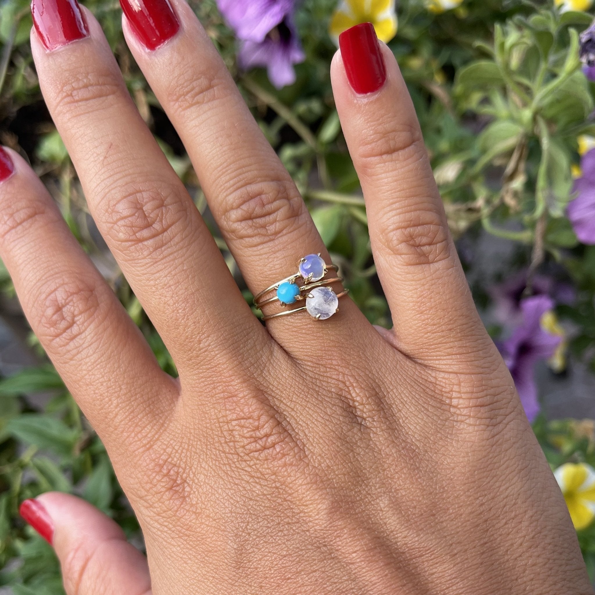 14k Gold Absolutely Effortless 3mm Tranquil Turquoise Microstackable Ring - Starflower Design