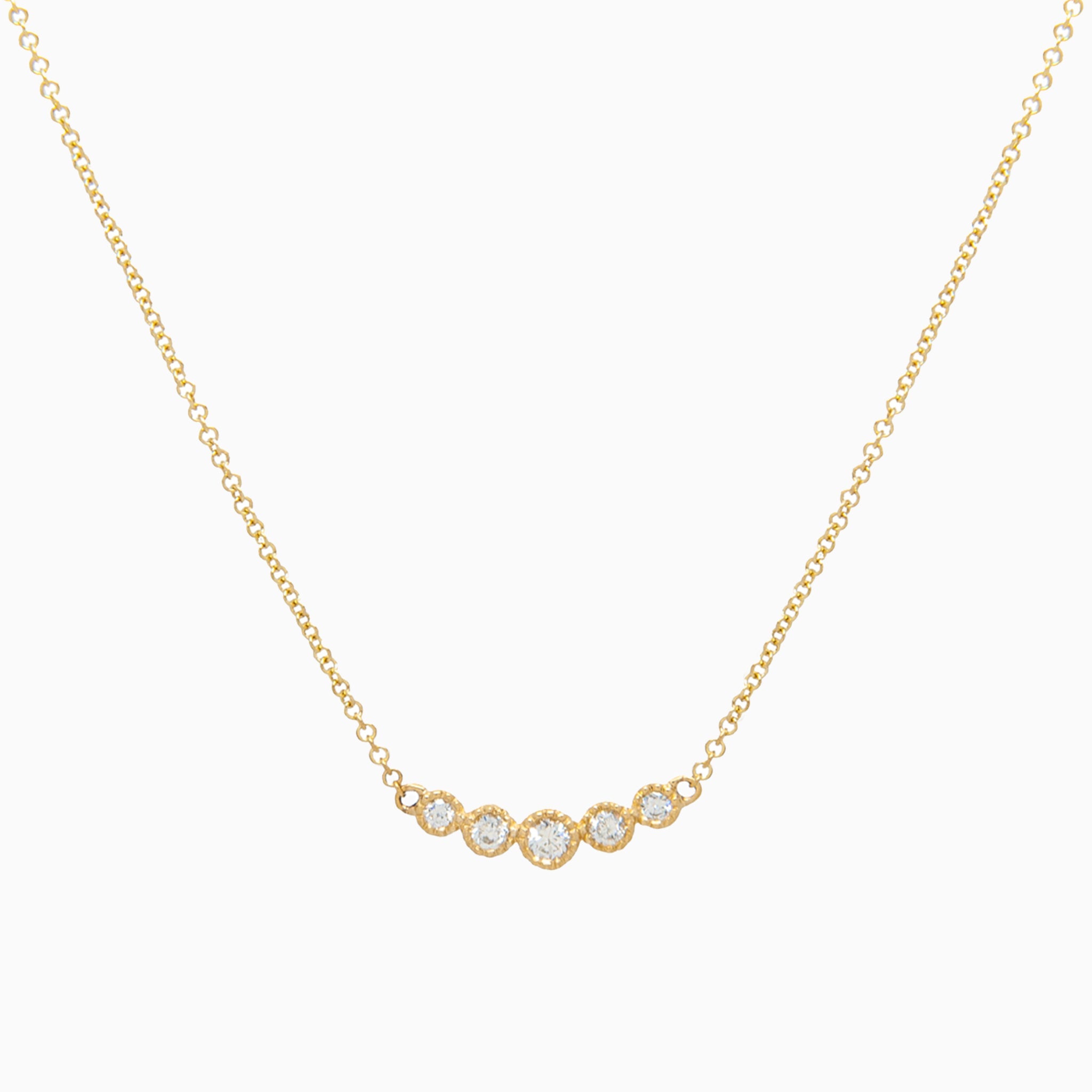 14k Gold Bezel - Set Graduated Petite Diamond Bar Necklace - Starflower Design