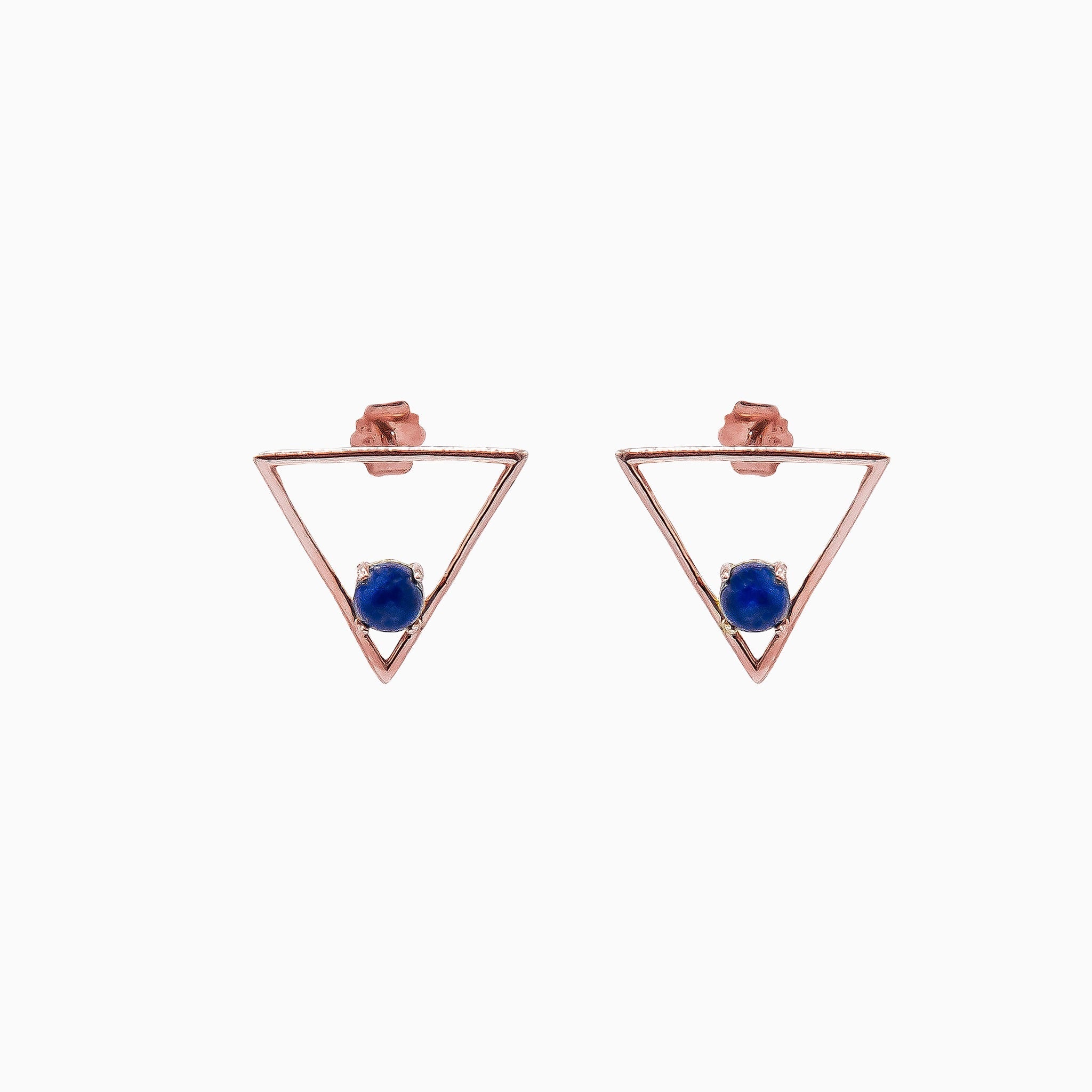 14k Gold Geometric Open Triangle Blue Lapis Stud Earrings - Starflower Design