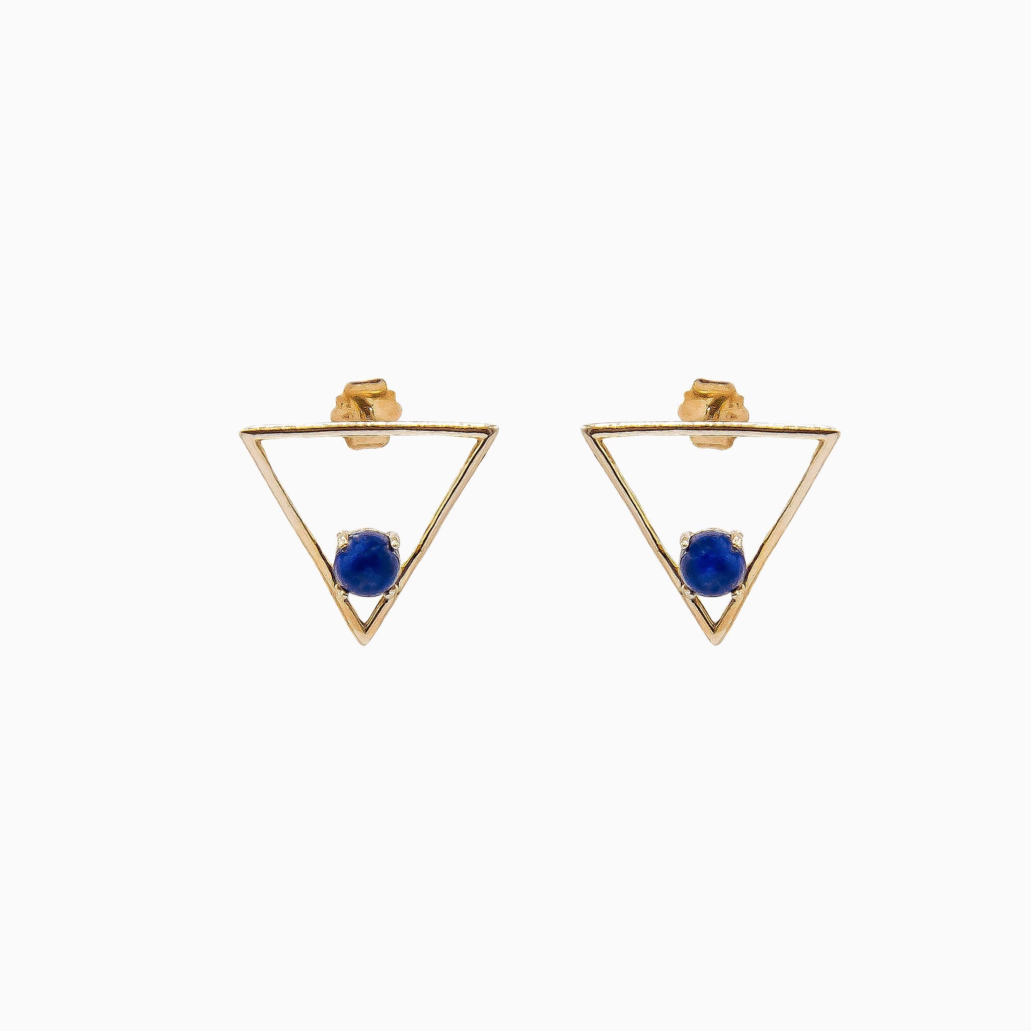 14k Gold Geometric Open Triangle Blue Lapis Stud Earrings - Starflower Design