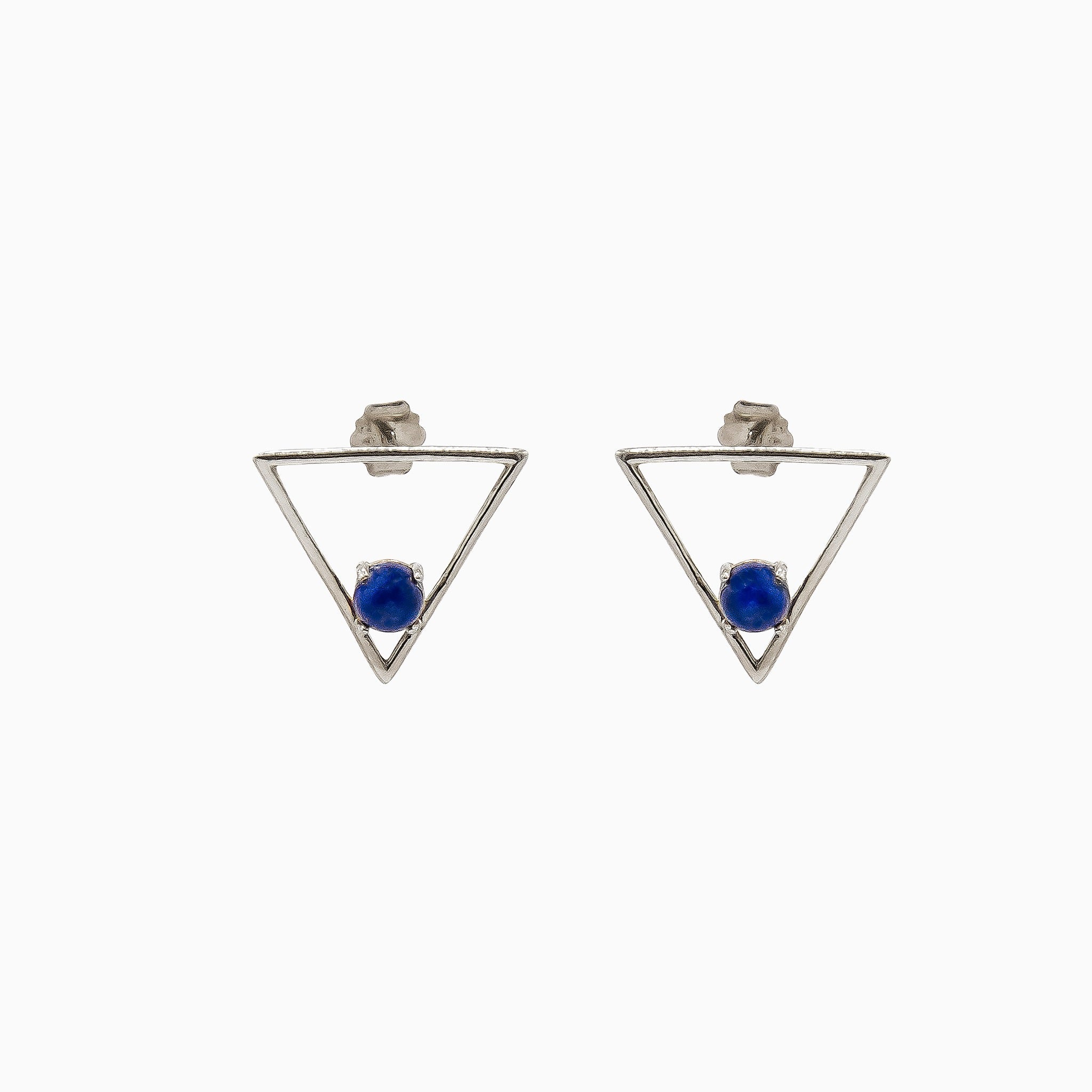 14k Gold Geometric Open Triangle Blue Lapis Stud Earrings - Starflower Design