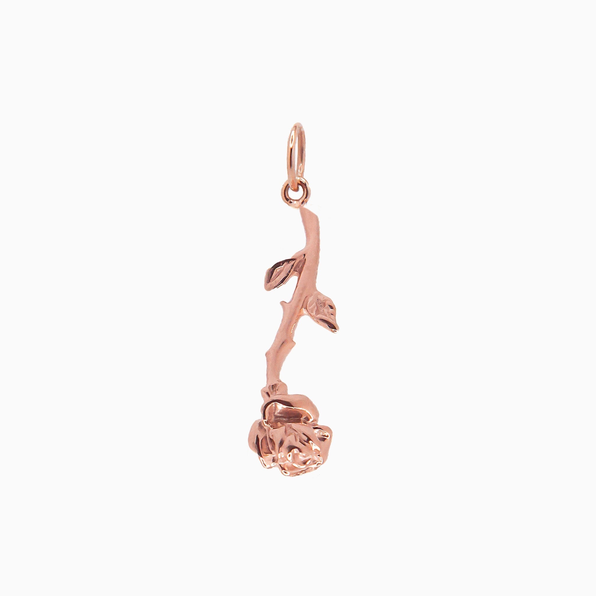 14k Gold Long - Stemmed Downward Facing Rose Flower Pendant Charm - Starflower Design