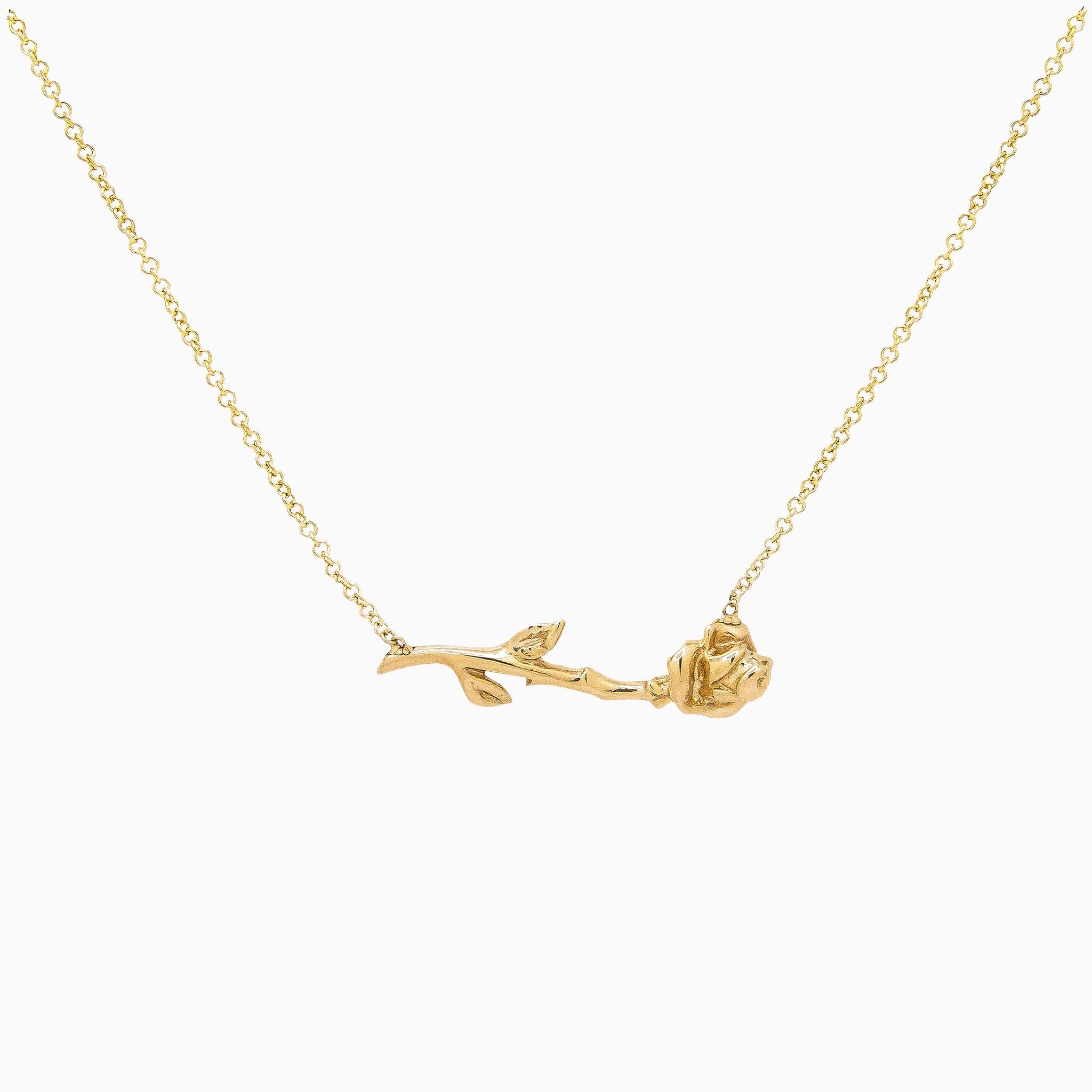 14k Gold Long - Stemmed Thorny Rose Necklace - Starflower Design