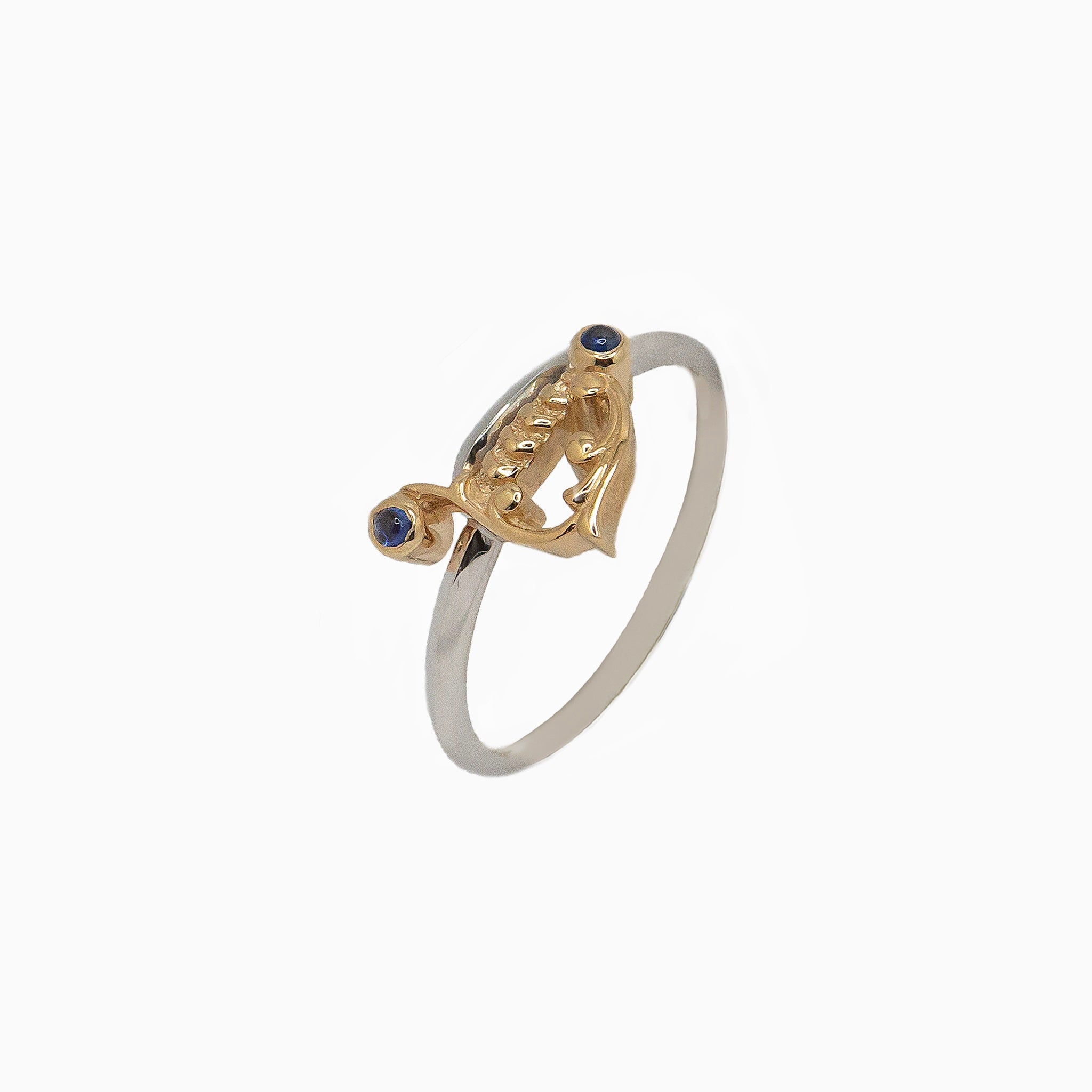 14k Gold Two - Tone Tiniest Swordfight Sapphire Sword Ring - Starflower Design