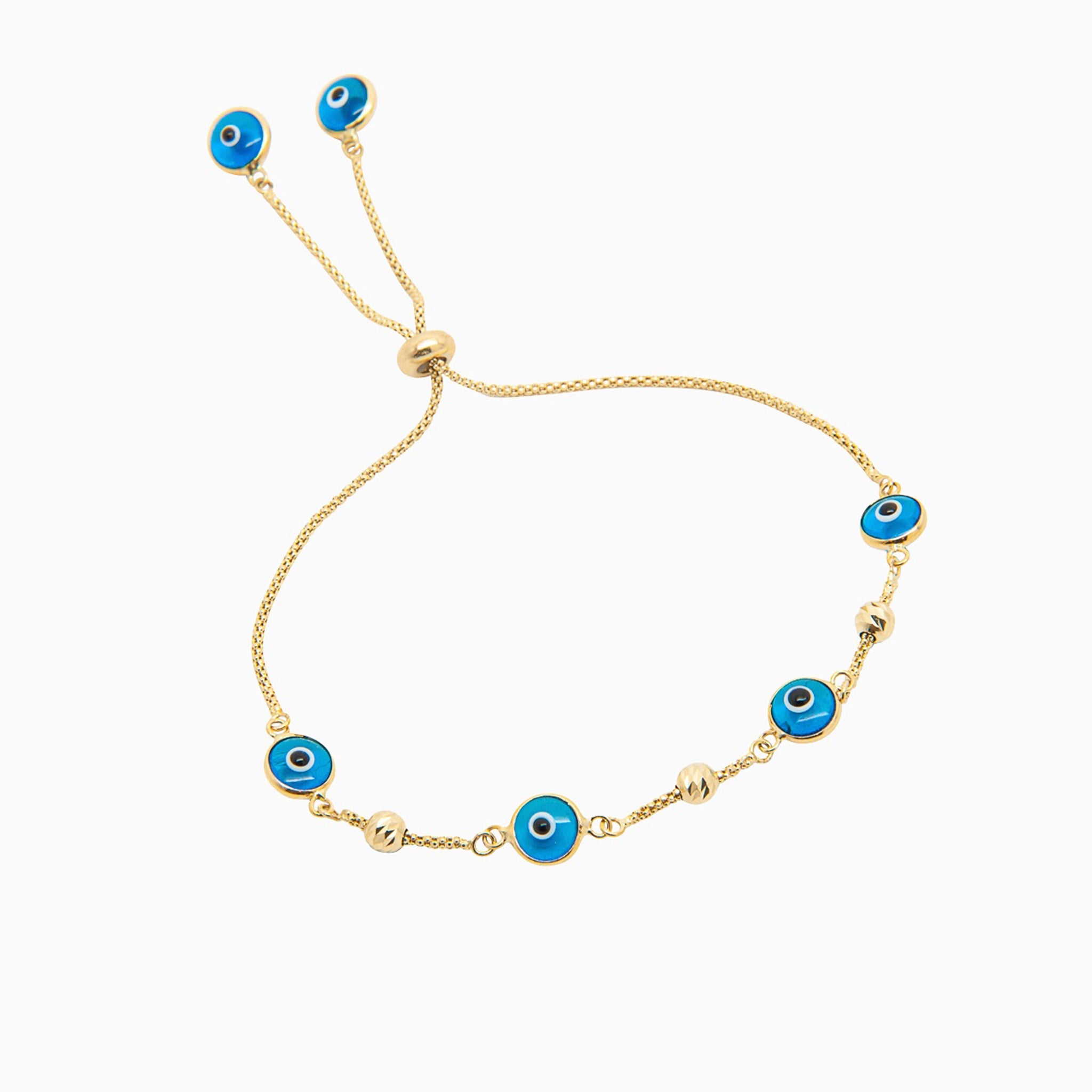 14k Light Blue Evil Eye Beaded Bolo Bracelet - Starflower Design