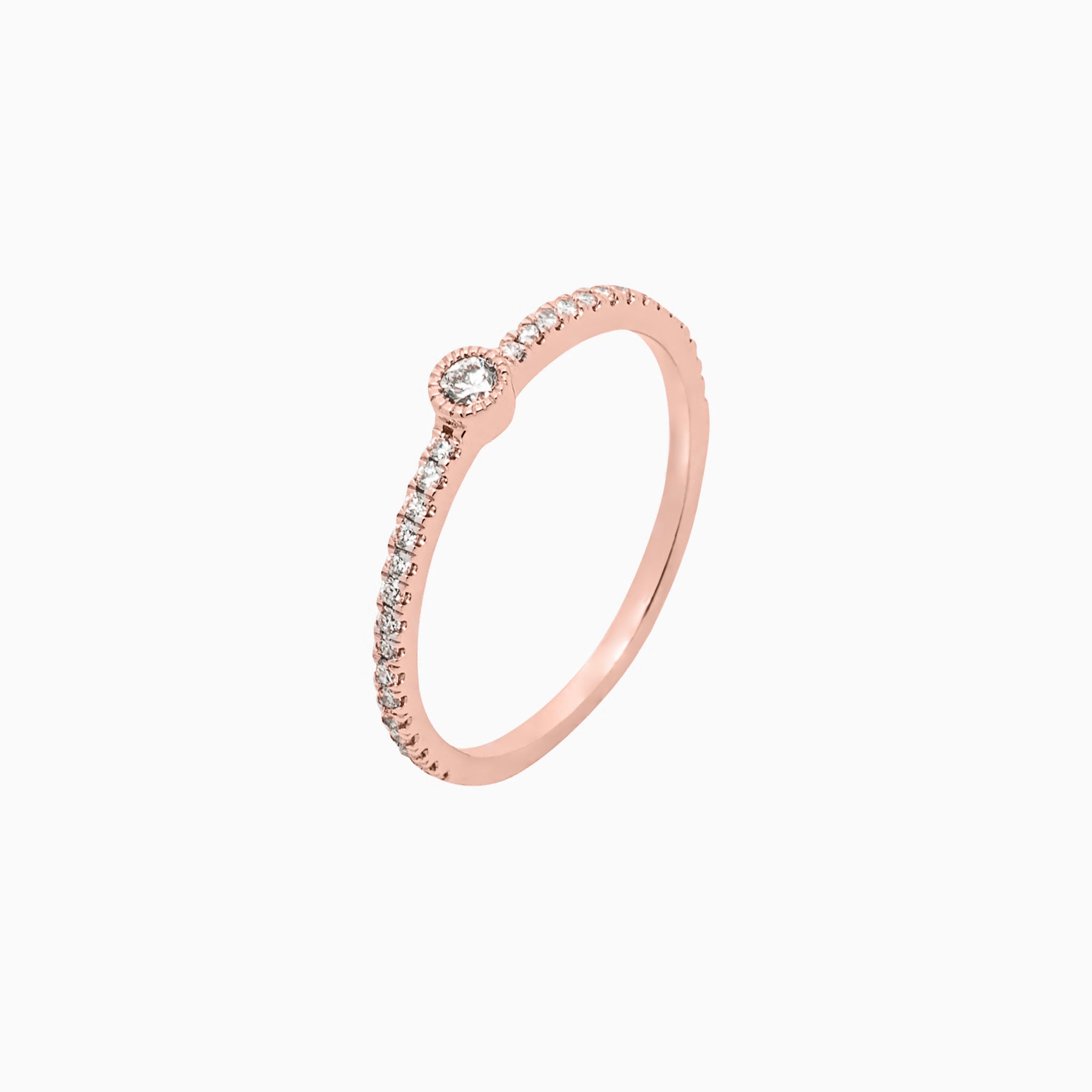 14k Single Bezel - Set Diamond Station Ring with Micro - Pave Band - Starflower Design