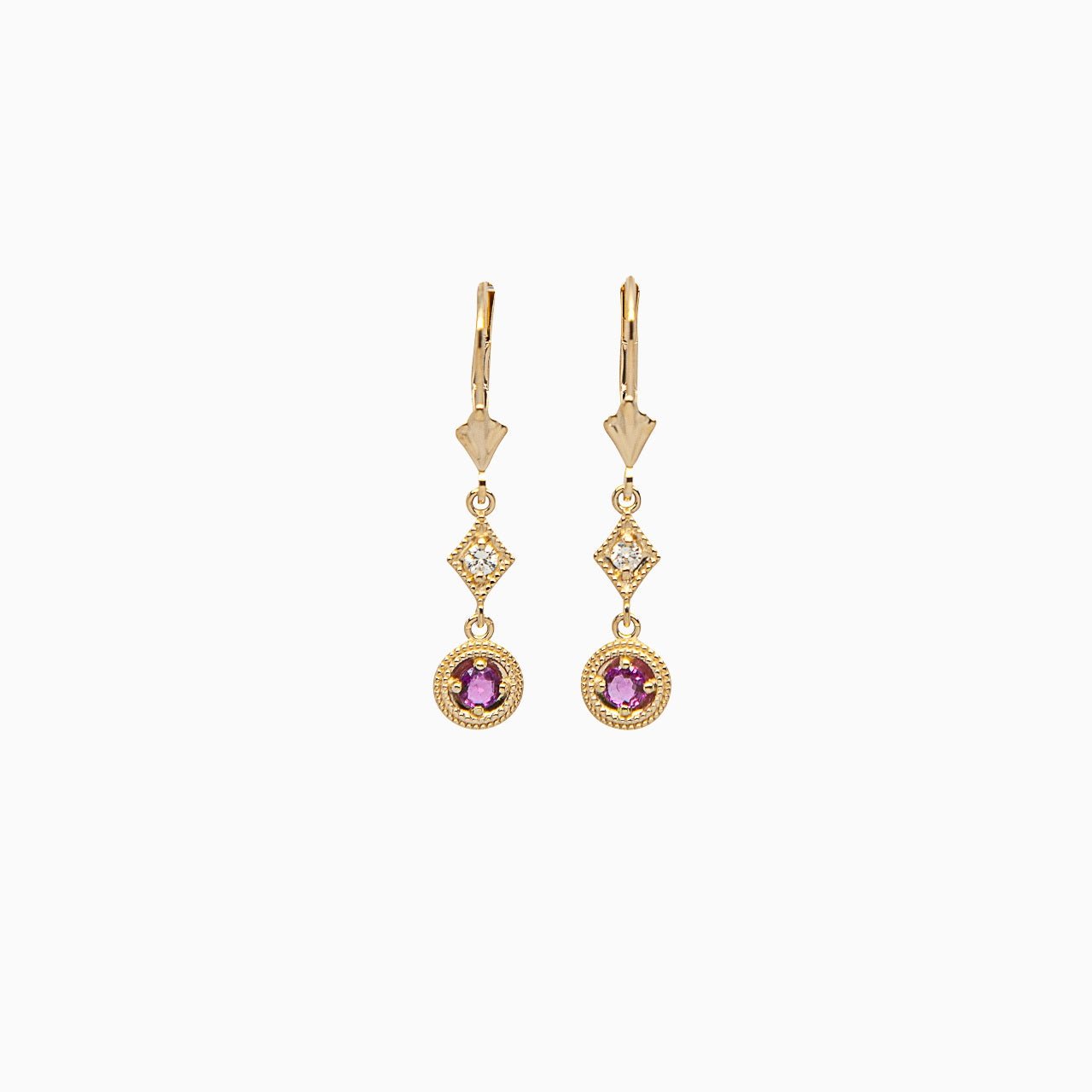 14k Yellow Gold Decadent Deco Ruby Dangle Drop Earrings - Starflower Design