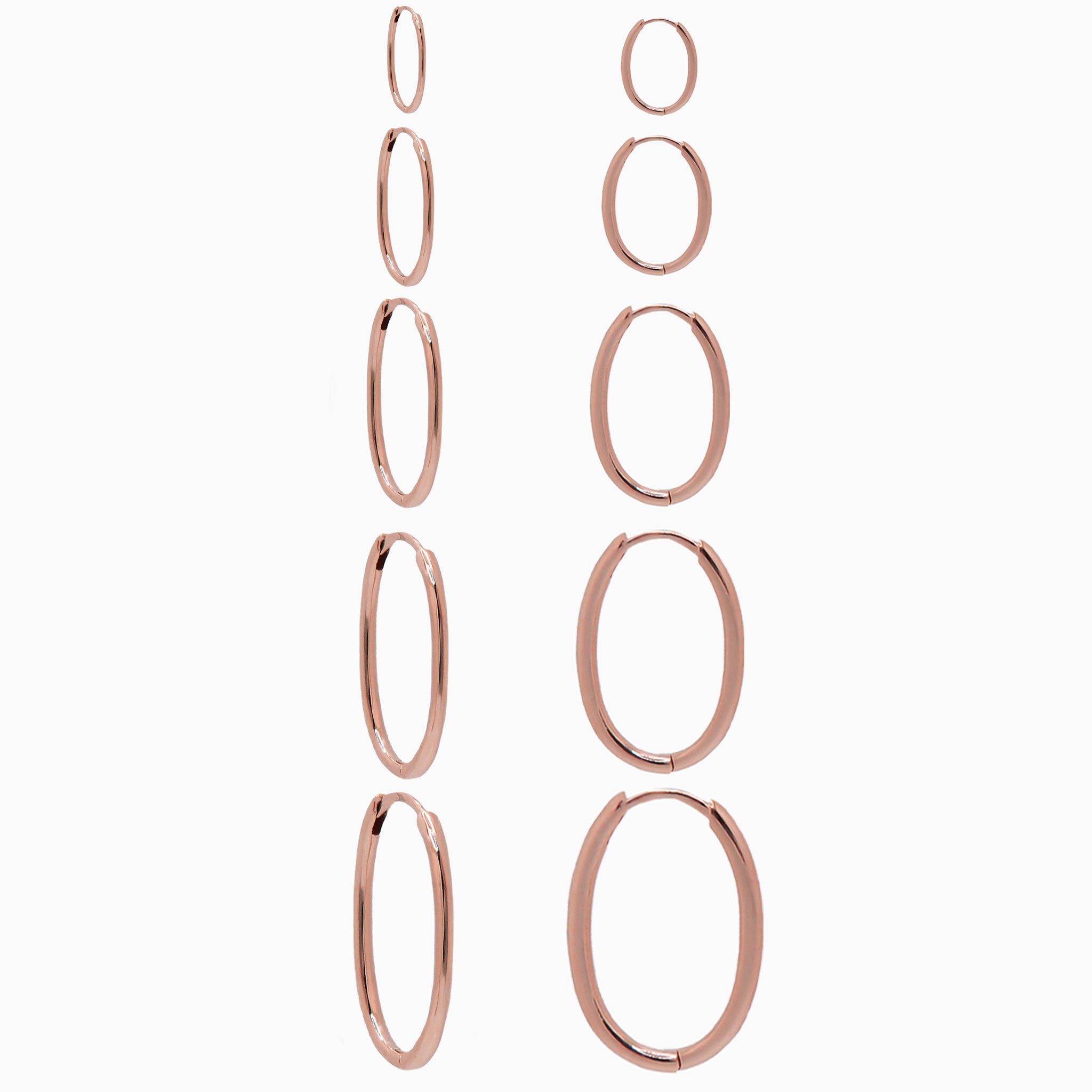 14k Rose Gold Hinged Everyday Oval Hoop Earrings, Angled Size Run View