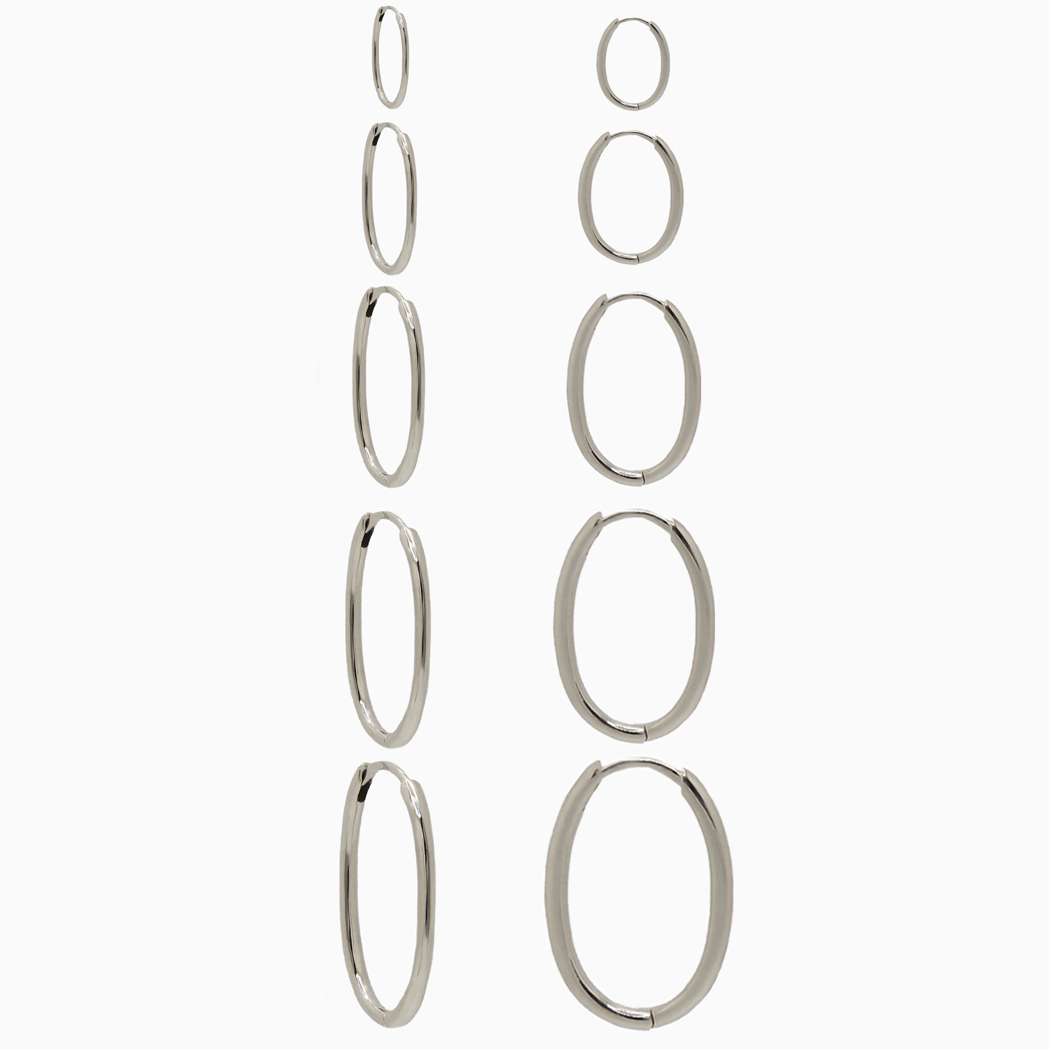 14k White Gold Hinged Everyday Oval Hoop Earrings, Angled Size Run View