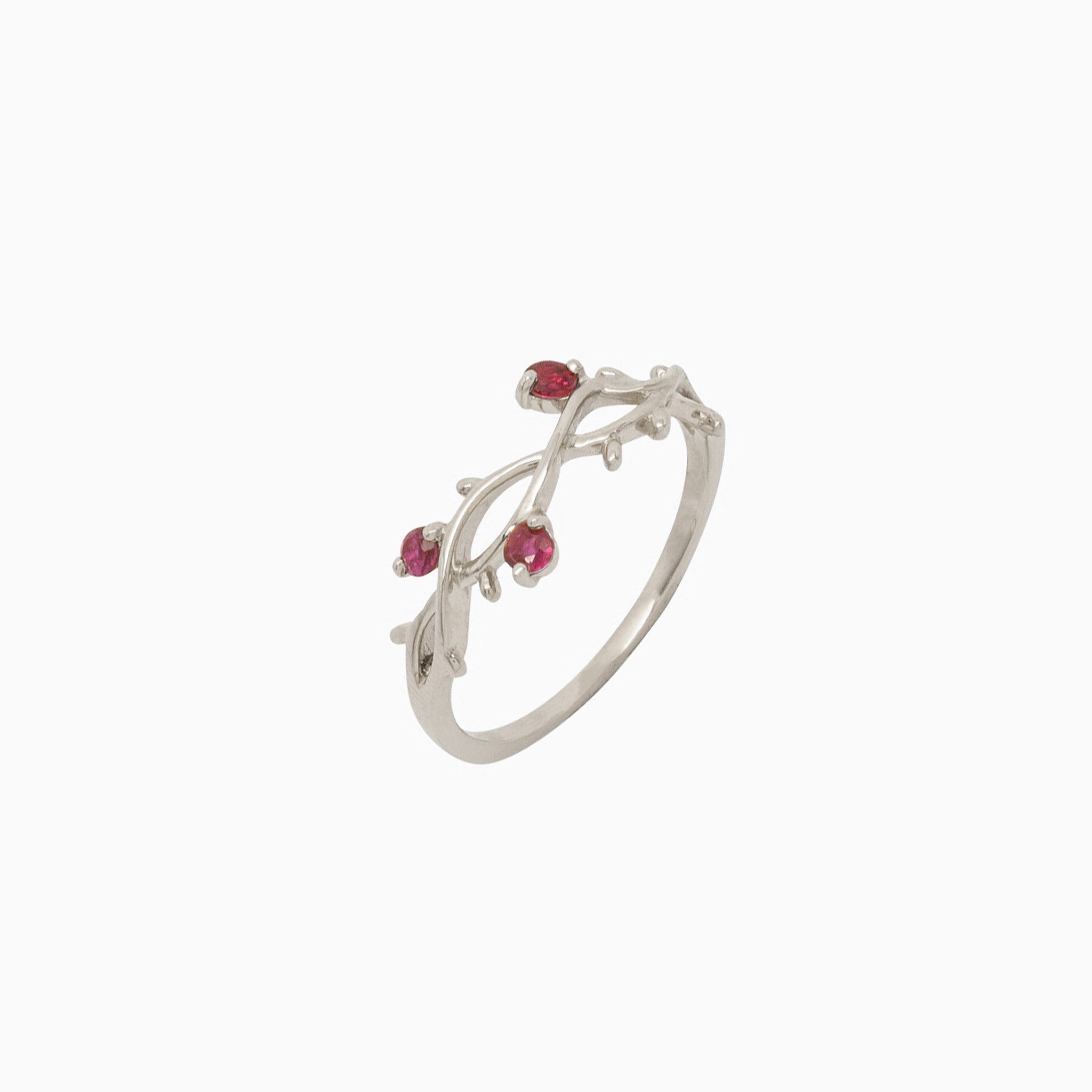 14k White Gold Perfectly Perched Ruby Branch Ring