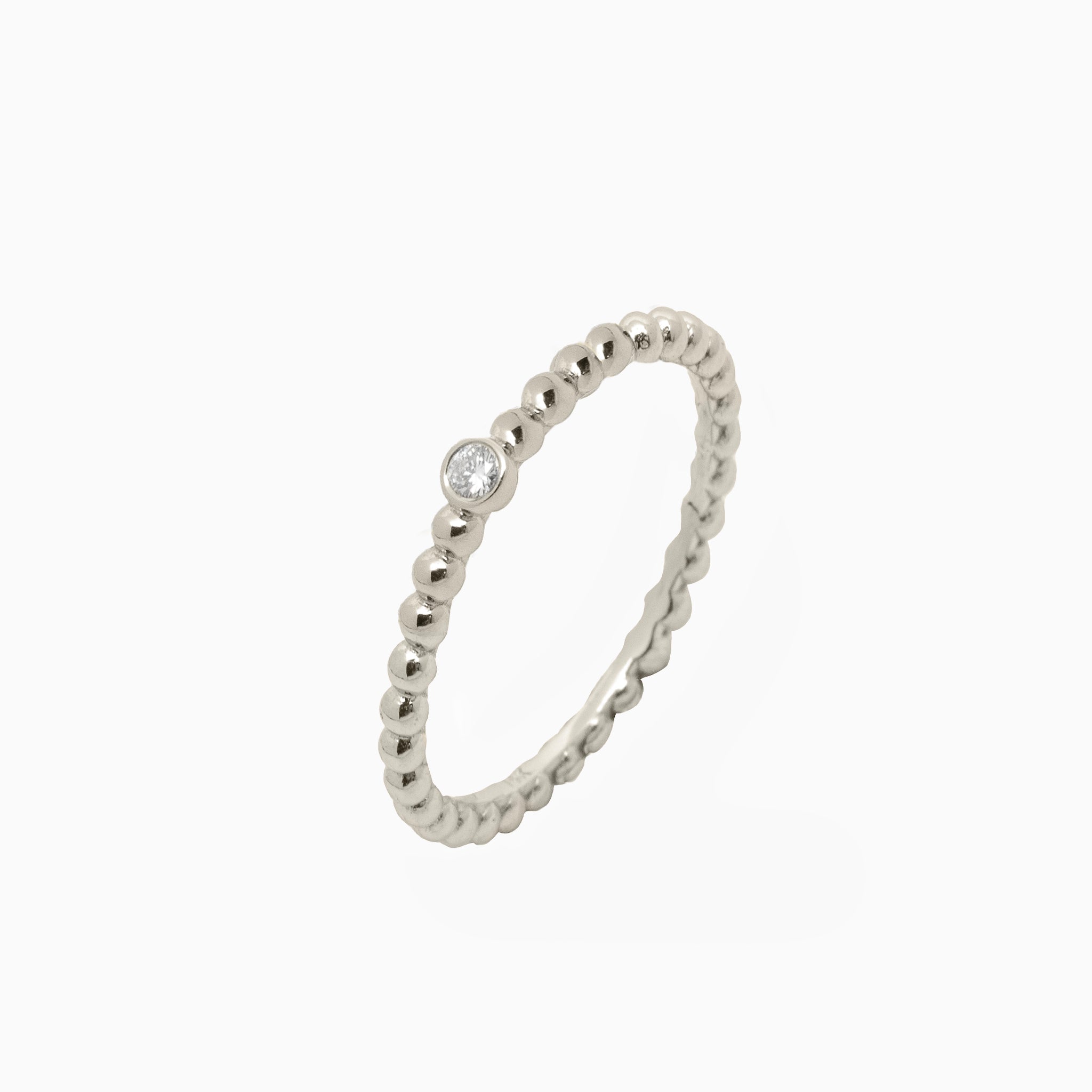 14k White Gold Single Bezel-Set Diamond Beaded Ring