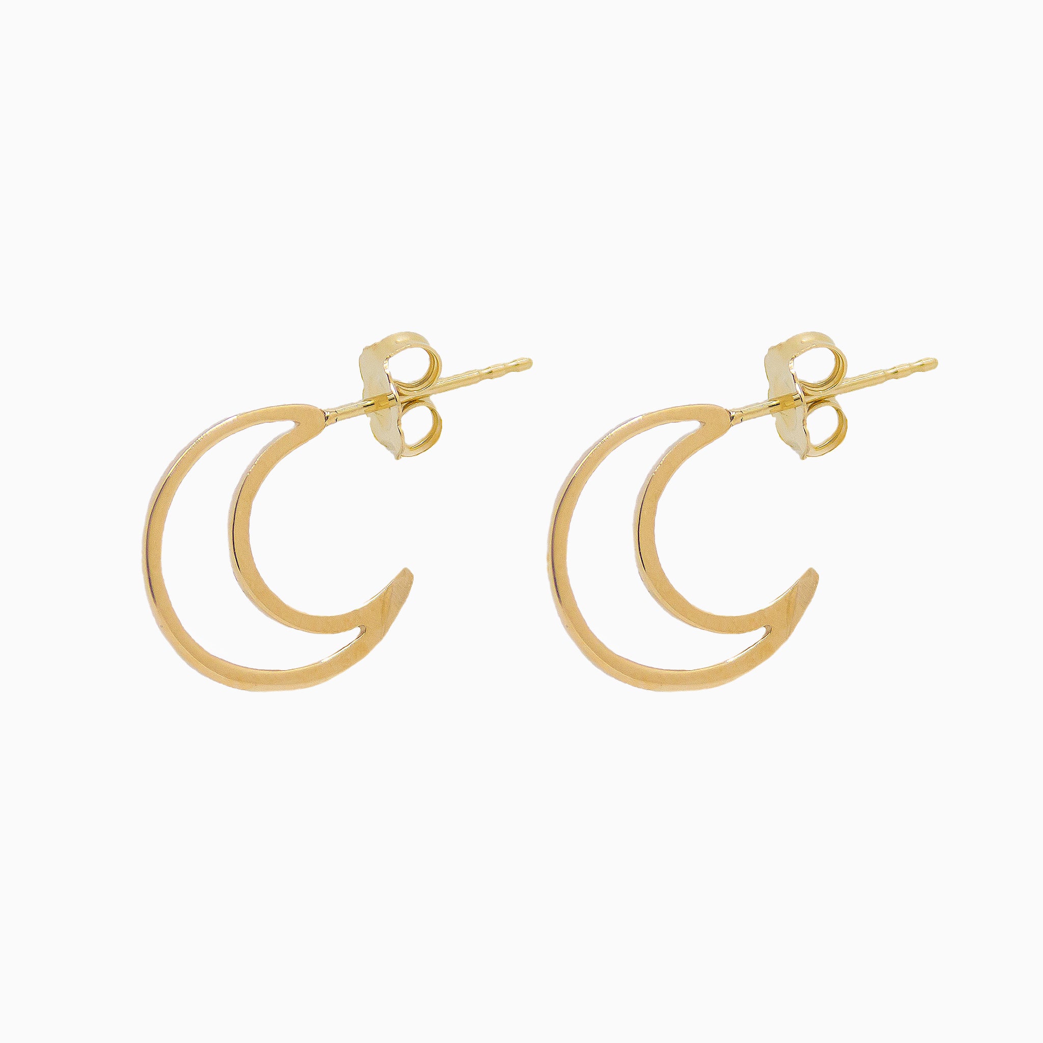 14k Yellow Gold Crescent Moon Hoop Stud Earrings