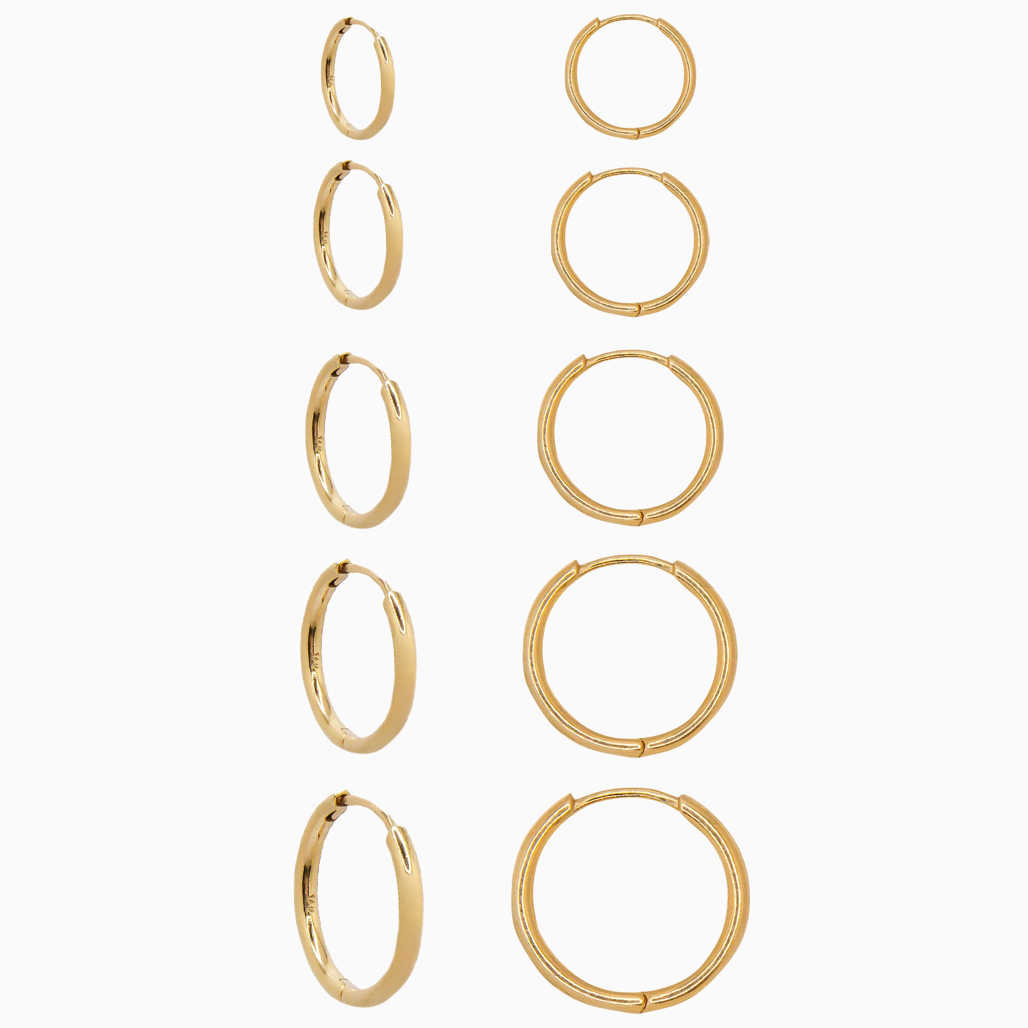 14k Yellow Gold Hinged Everyday Round Hoop Earrings, Angled Size Run View