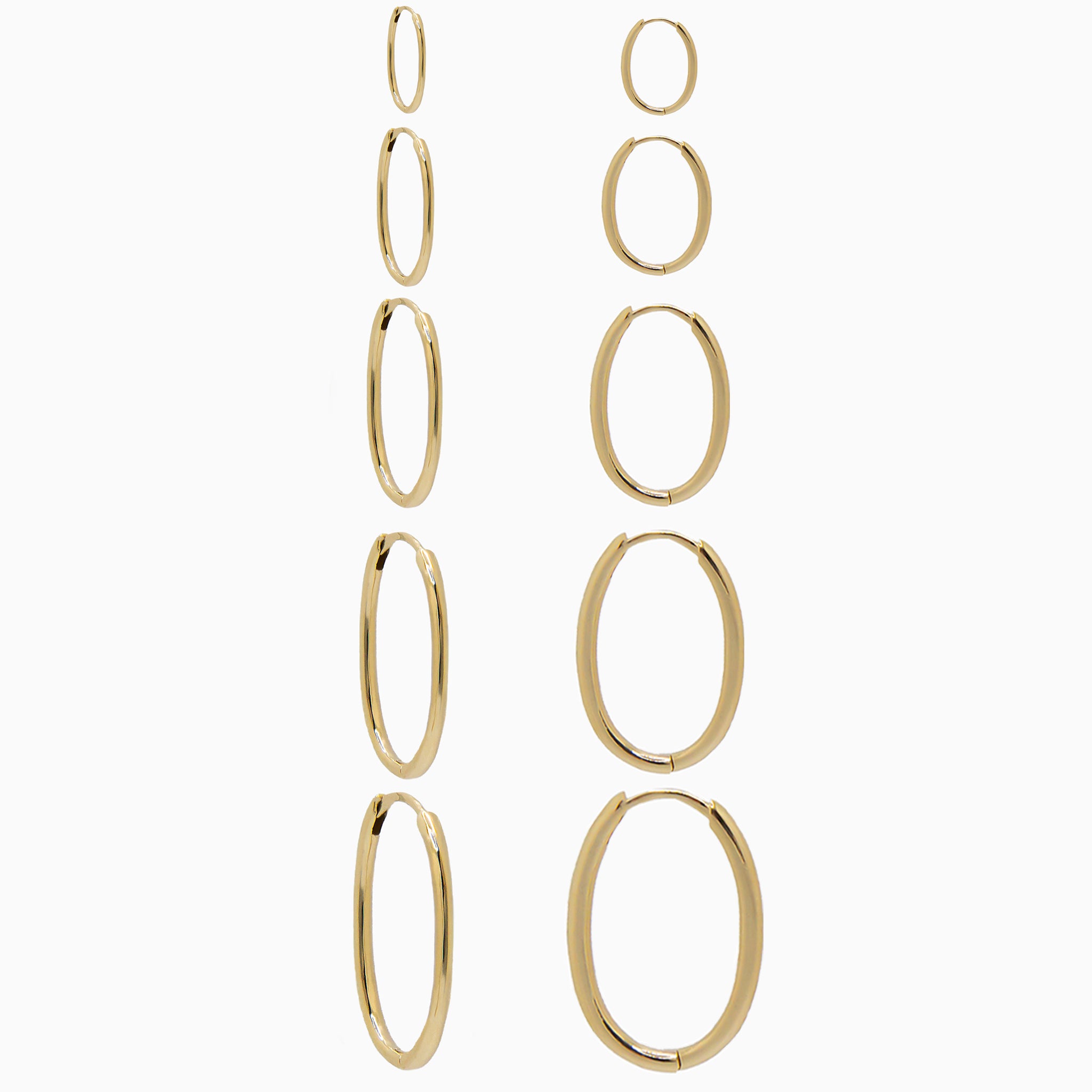 14k Yellow Gold Hinged Everyday Oval Hoop Earrings, Angled Size Run View