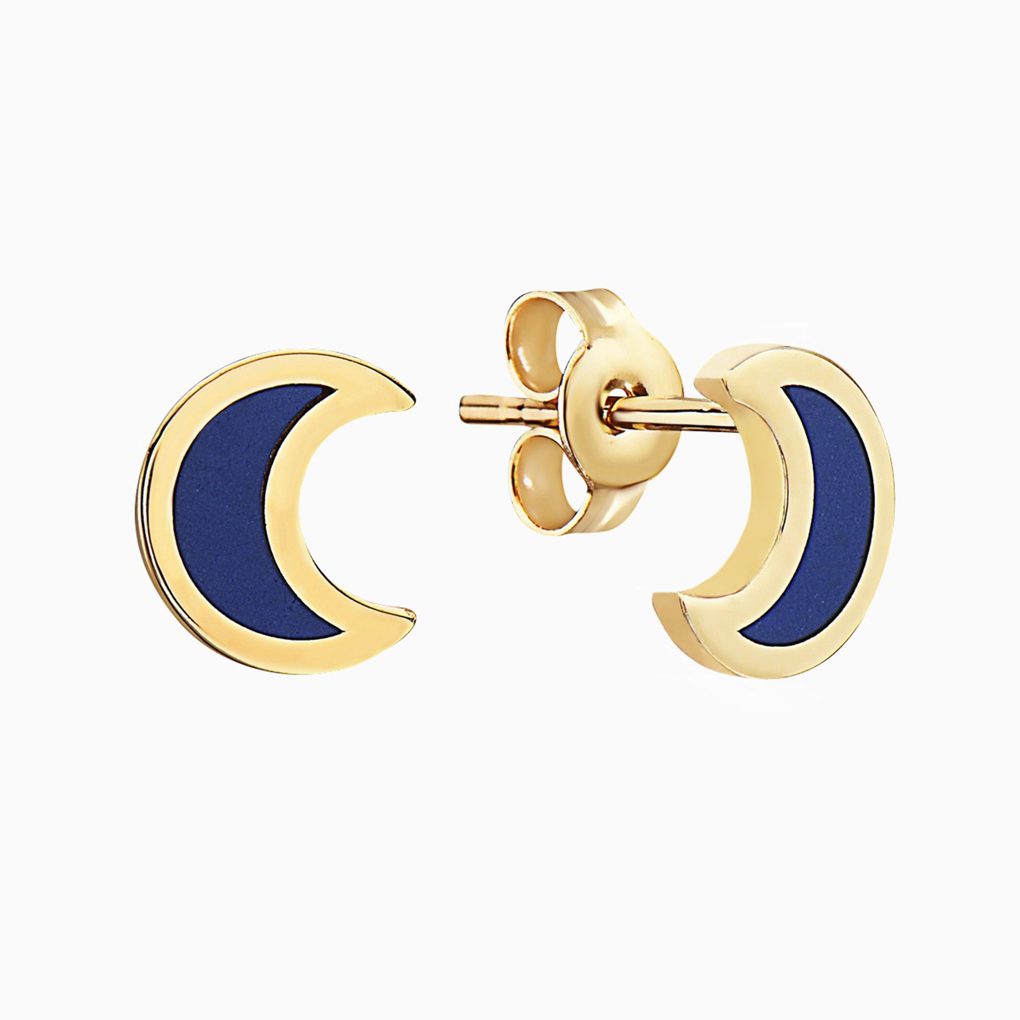 14k Yellow Gold Dark Blue Lapis Crescent Moon Stud Earrings