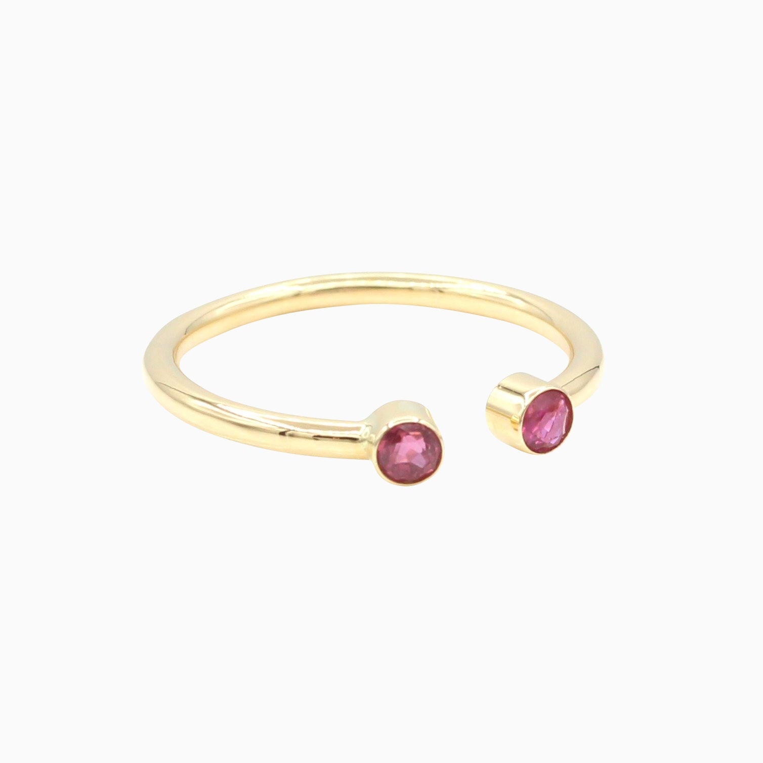 14k Yellow Gold Pretty in Pink Bezel-Set Ruby Open Ring, Center View