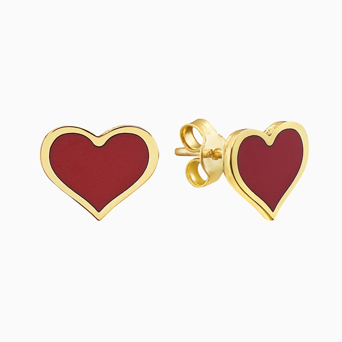 14k Yellow Gold Red Coral Heart Stud Earrings