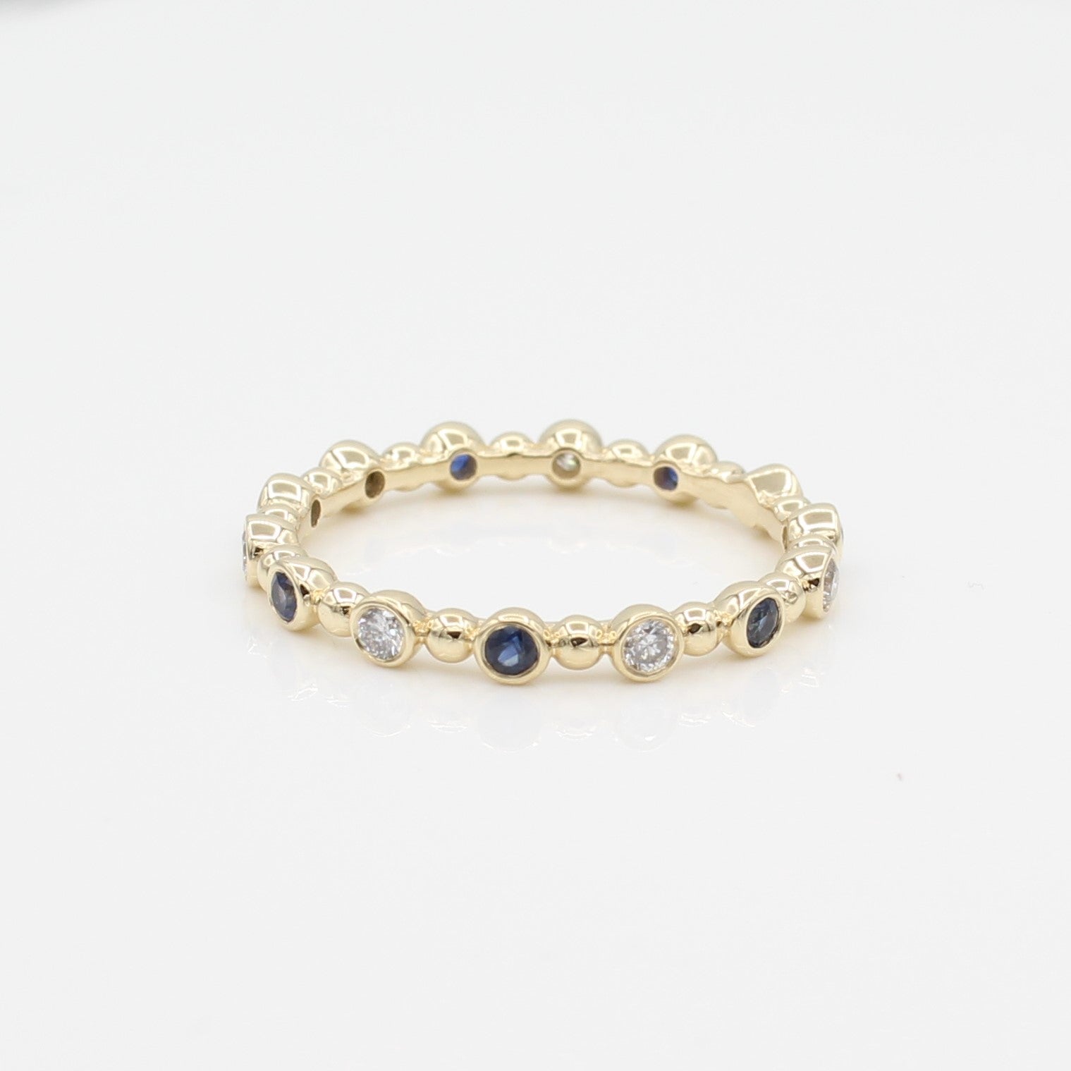14k Diamond & Sapphire 14 Station Beaded Eternity Band - Starflower Design