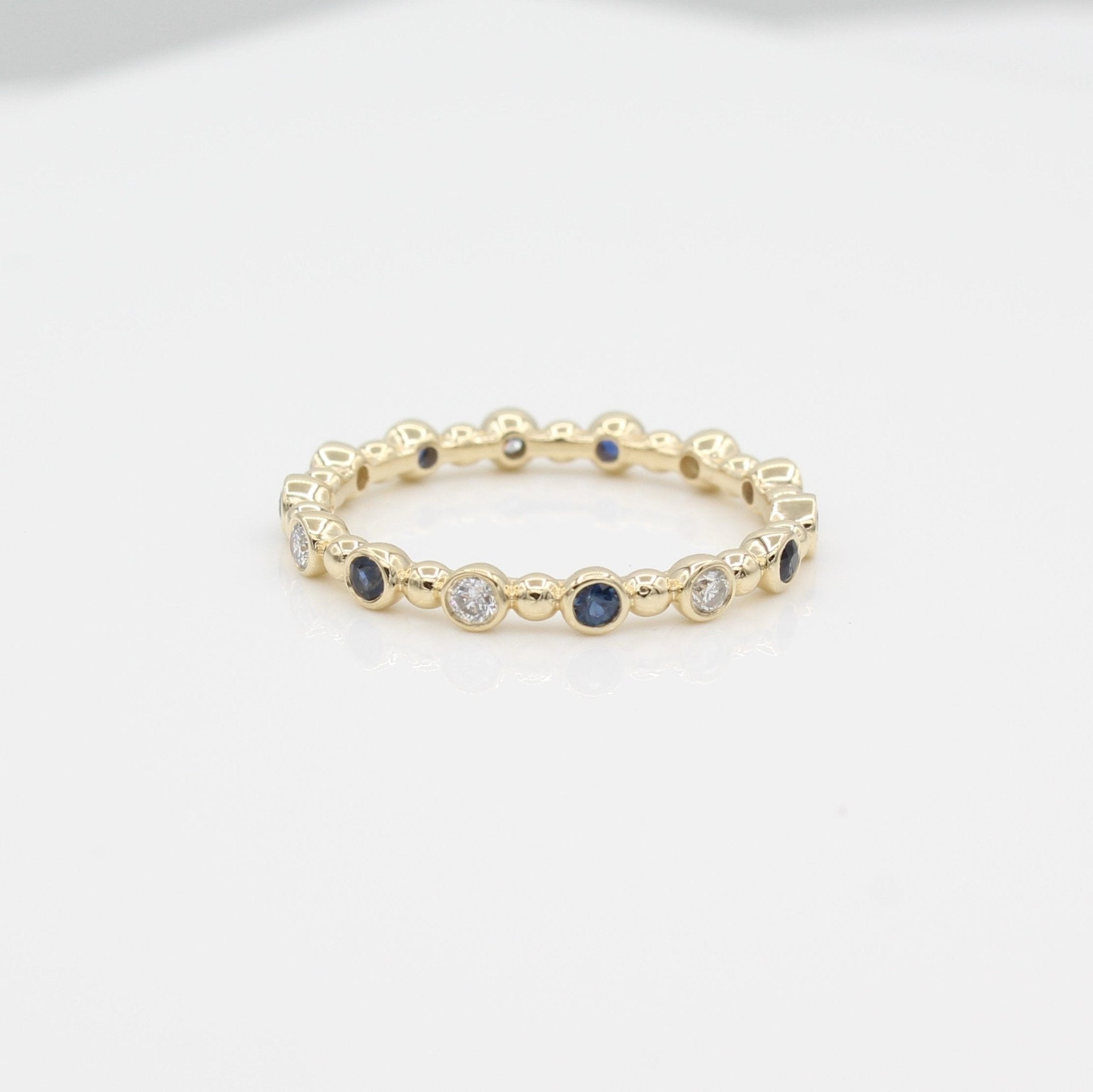 14k Diamond & Sapphire 14 Station Beaded Eternity Band - Starflower Design