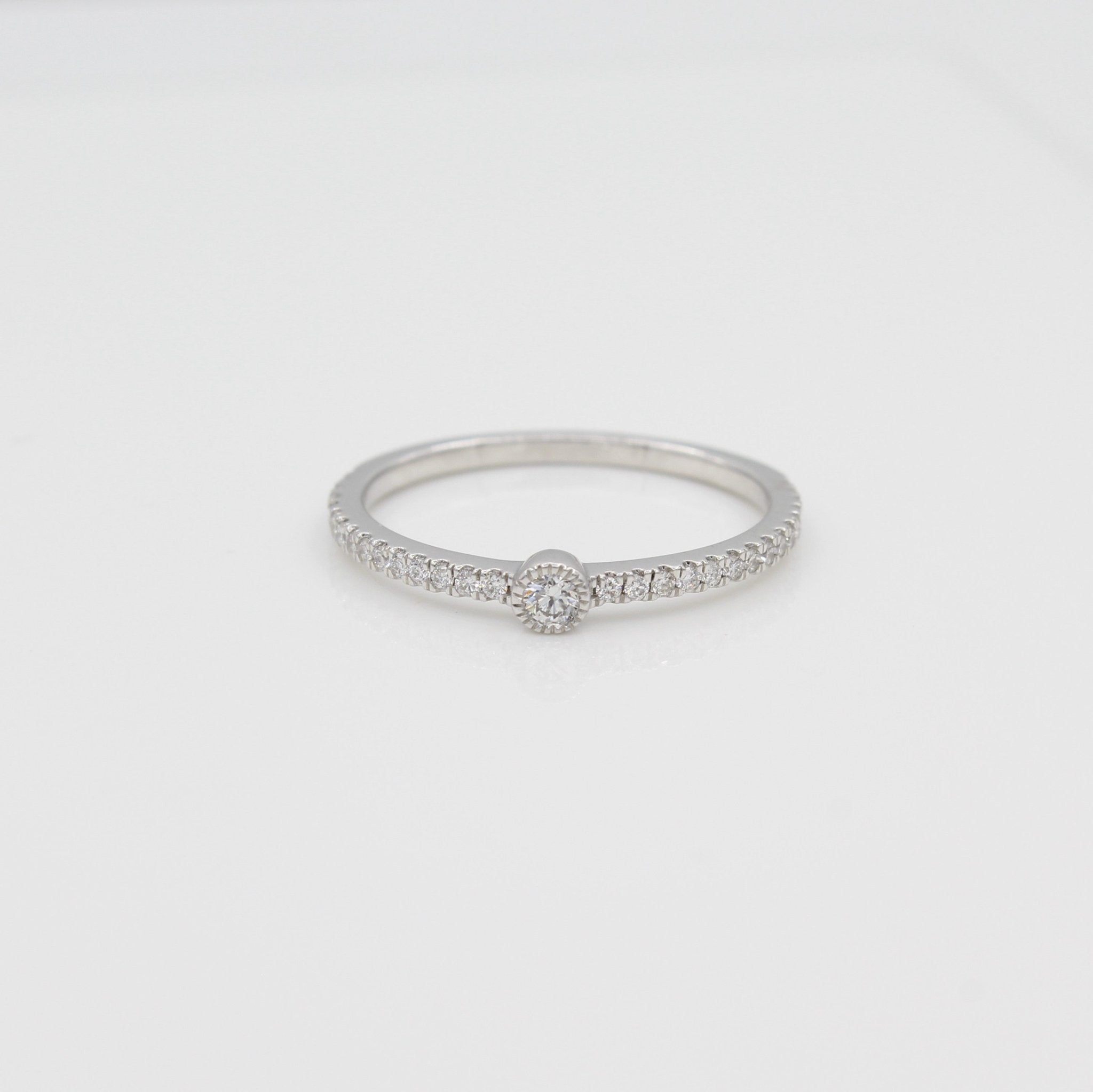 14k Single Bezel - Set Diamond Station Ring with Micro - Pave Band - Starflower Design