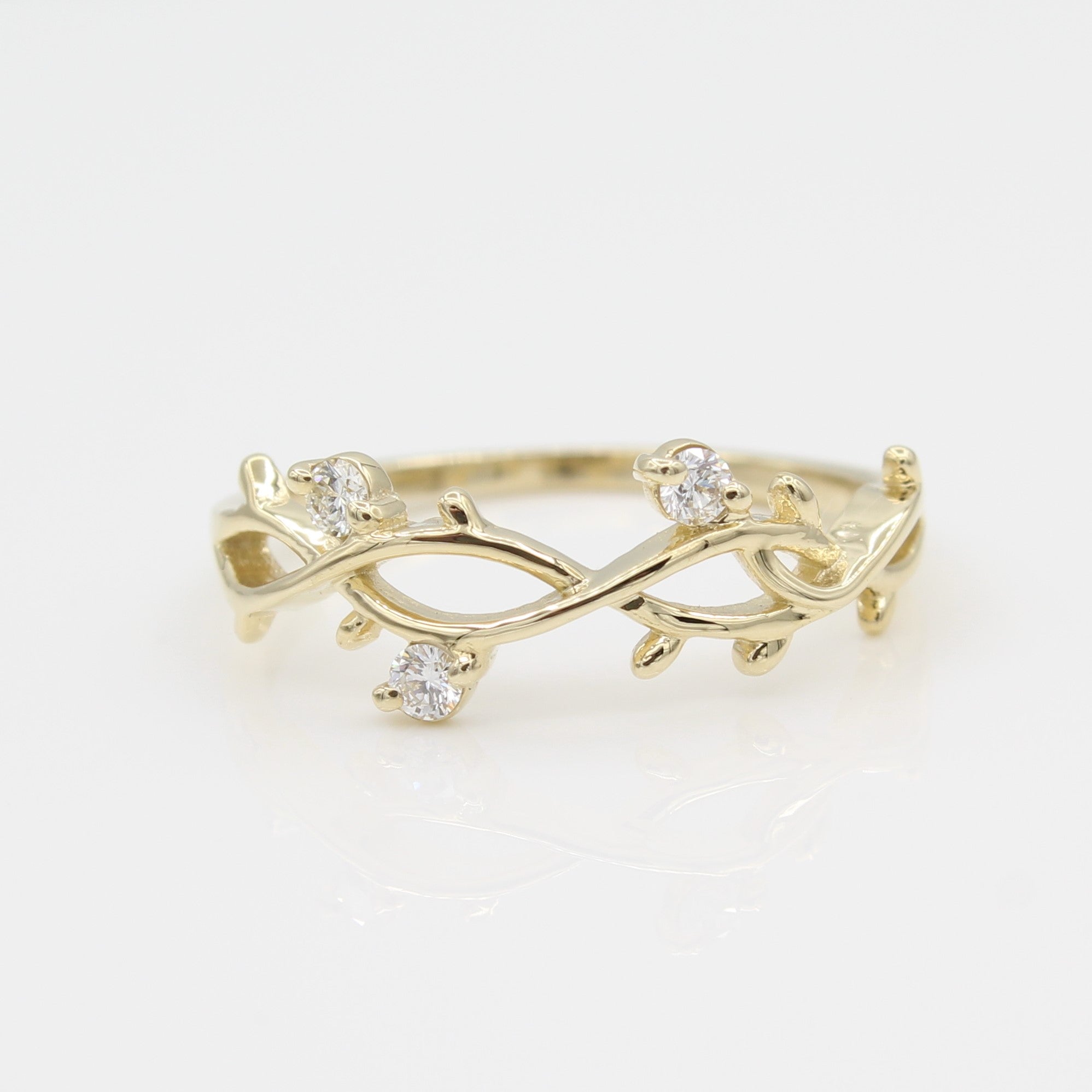 14k Yellow Gold Perfectly Perched Diamond Branch Ring, close-up front view of ring highlighting branch and diamond design. 