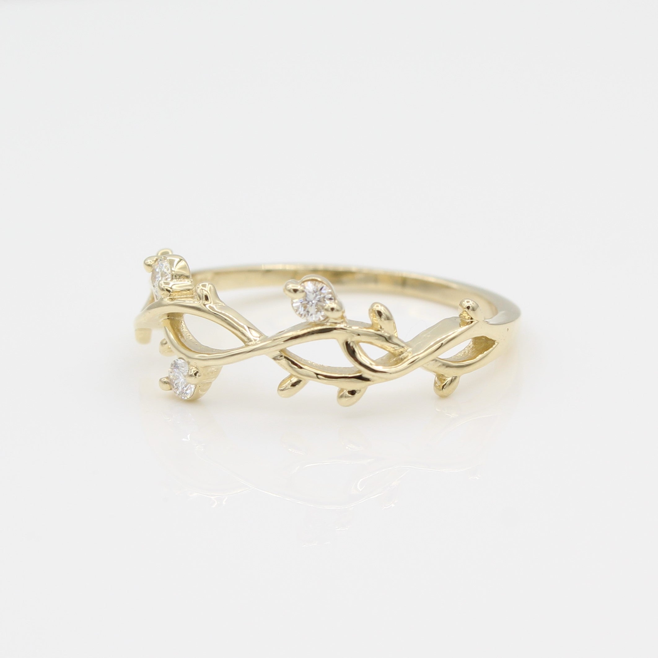 14k Yellow Gold Perfectly Perched Diamond Branch Ring, side view from right. 