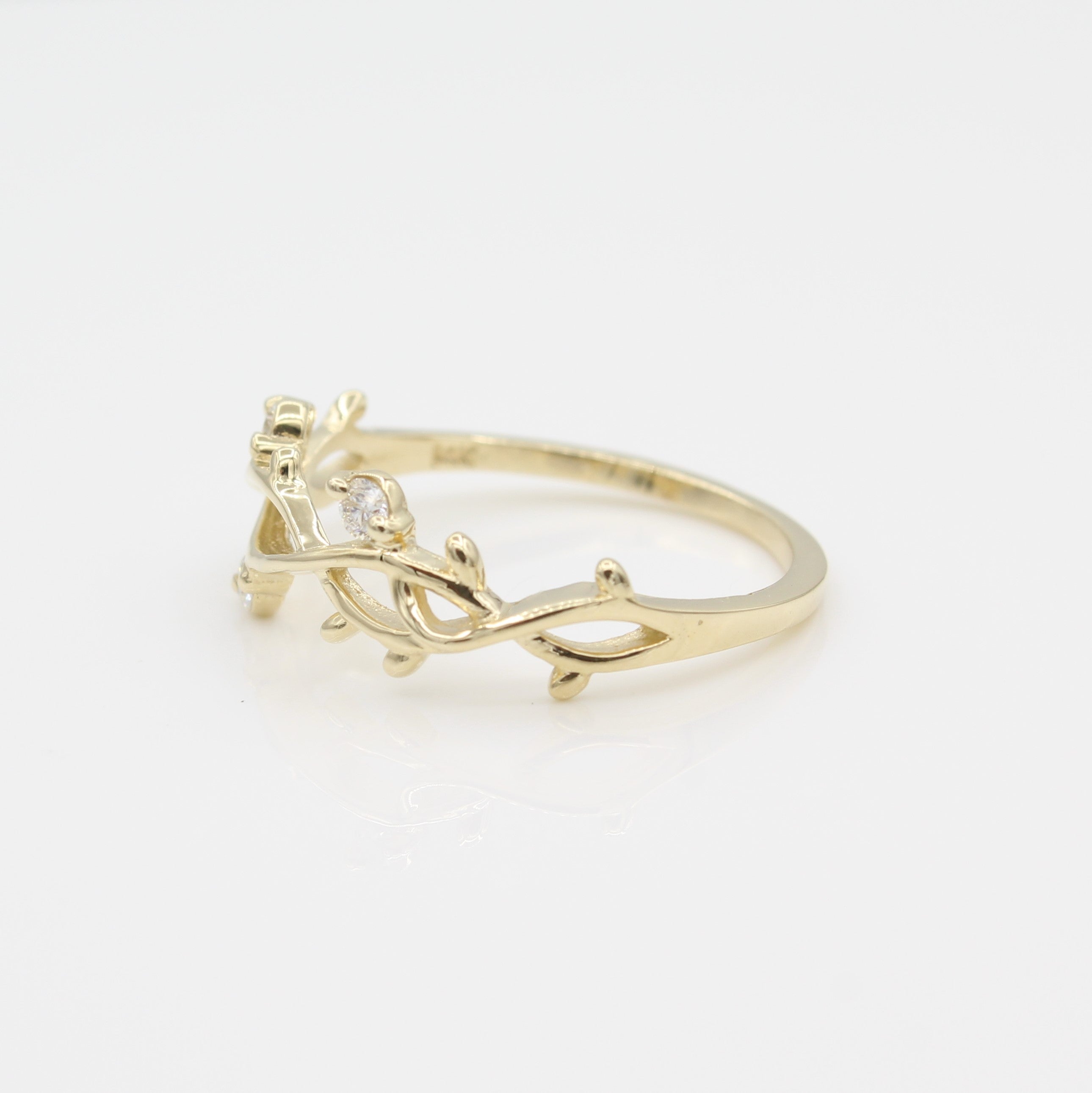 14k Yellow Gold Perfectly Perched Diamond Branch Ring, side view from right.