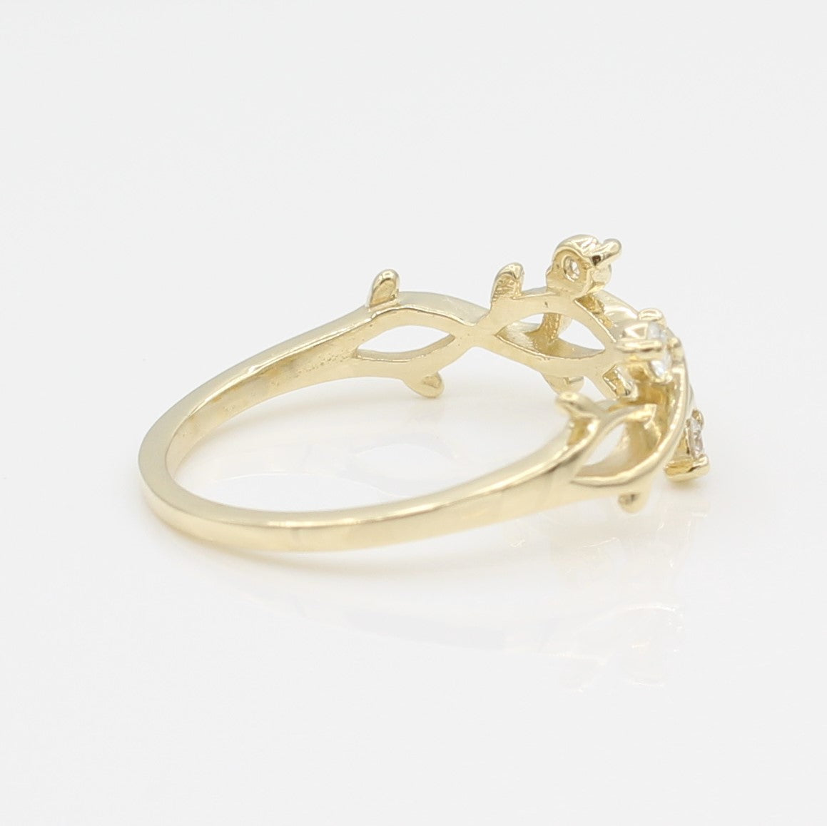 14k Yellow Gold Perfectly Perched Diamond Branch Ring, side view from left.