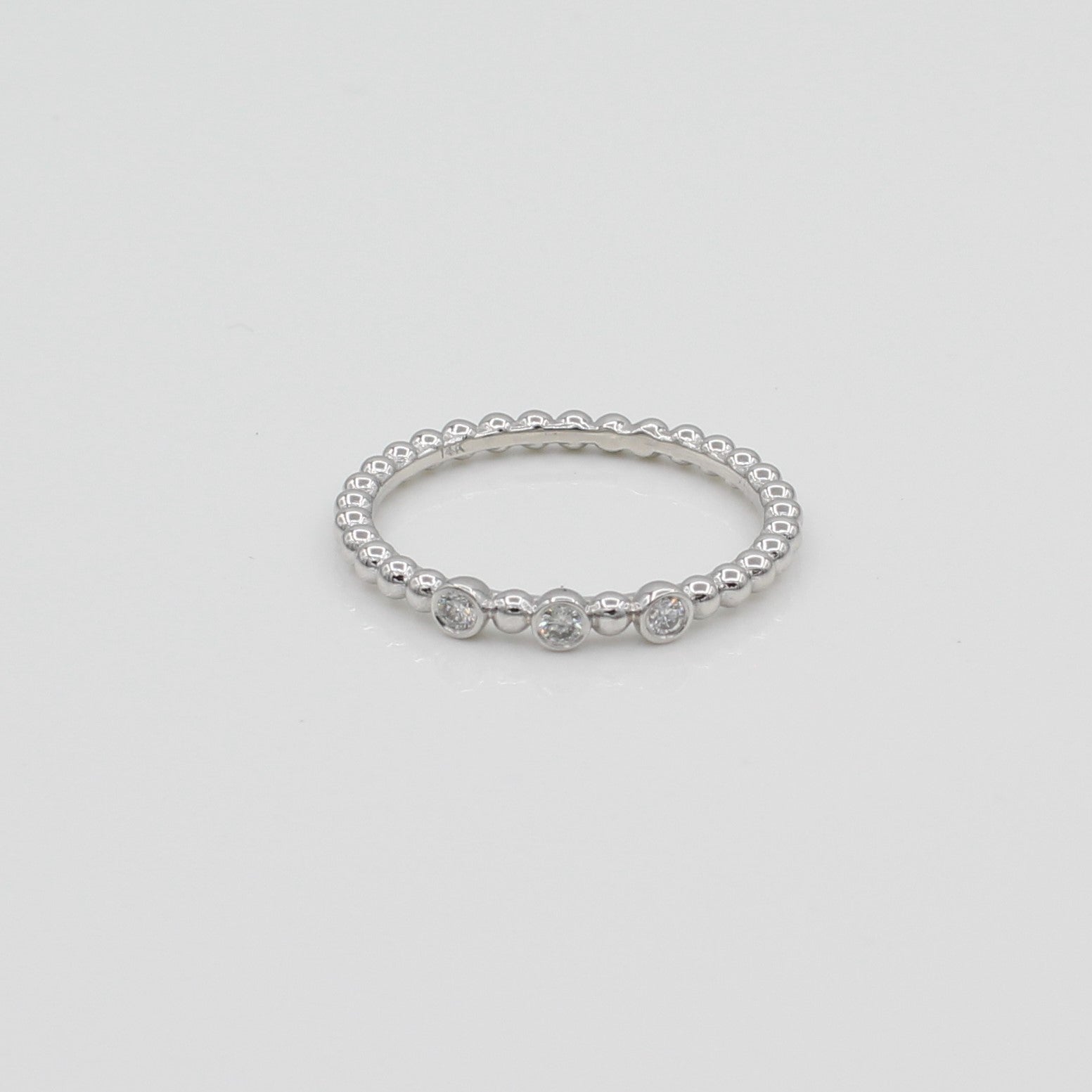 14k White Gold Triple Bezel-Set Diamond Beaded Ring, front view of ring displaying the triple bezel-set diamond design, 