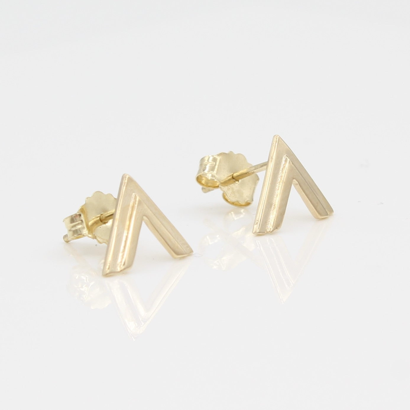 14k Yellow Gold Double Chevron Earrings, close-up left angle view. 
