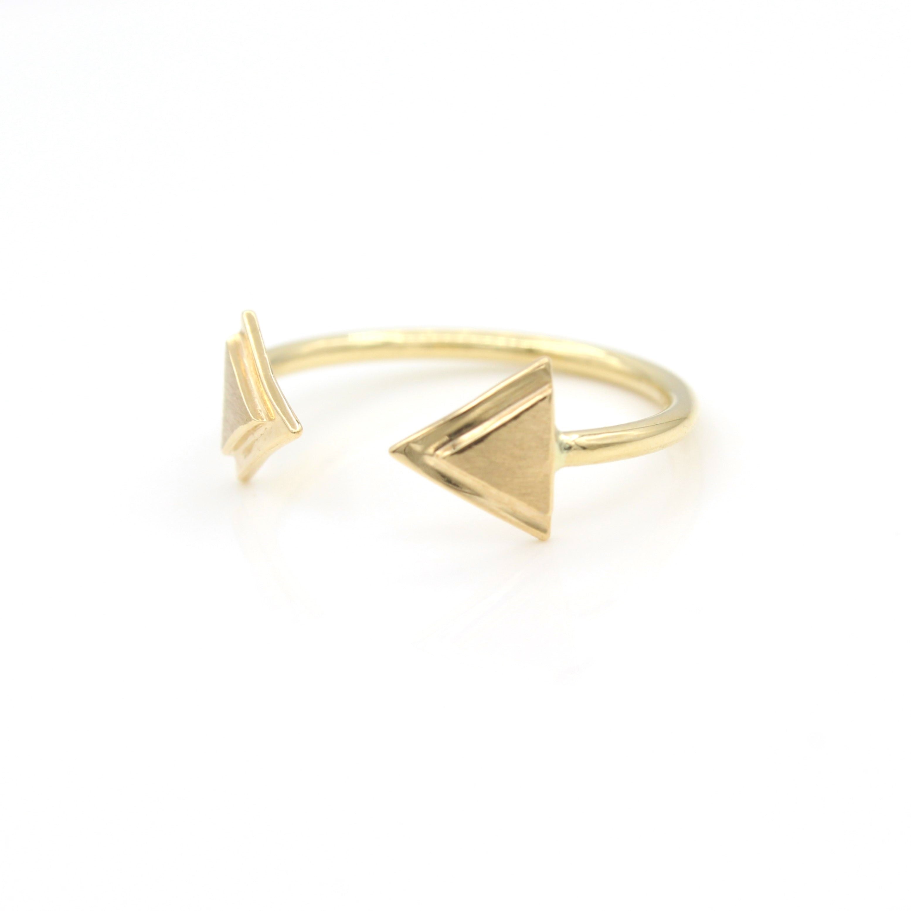 14k Yellow Gold Double Triangle Arrow Open Ring, side view from right.