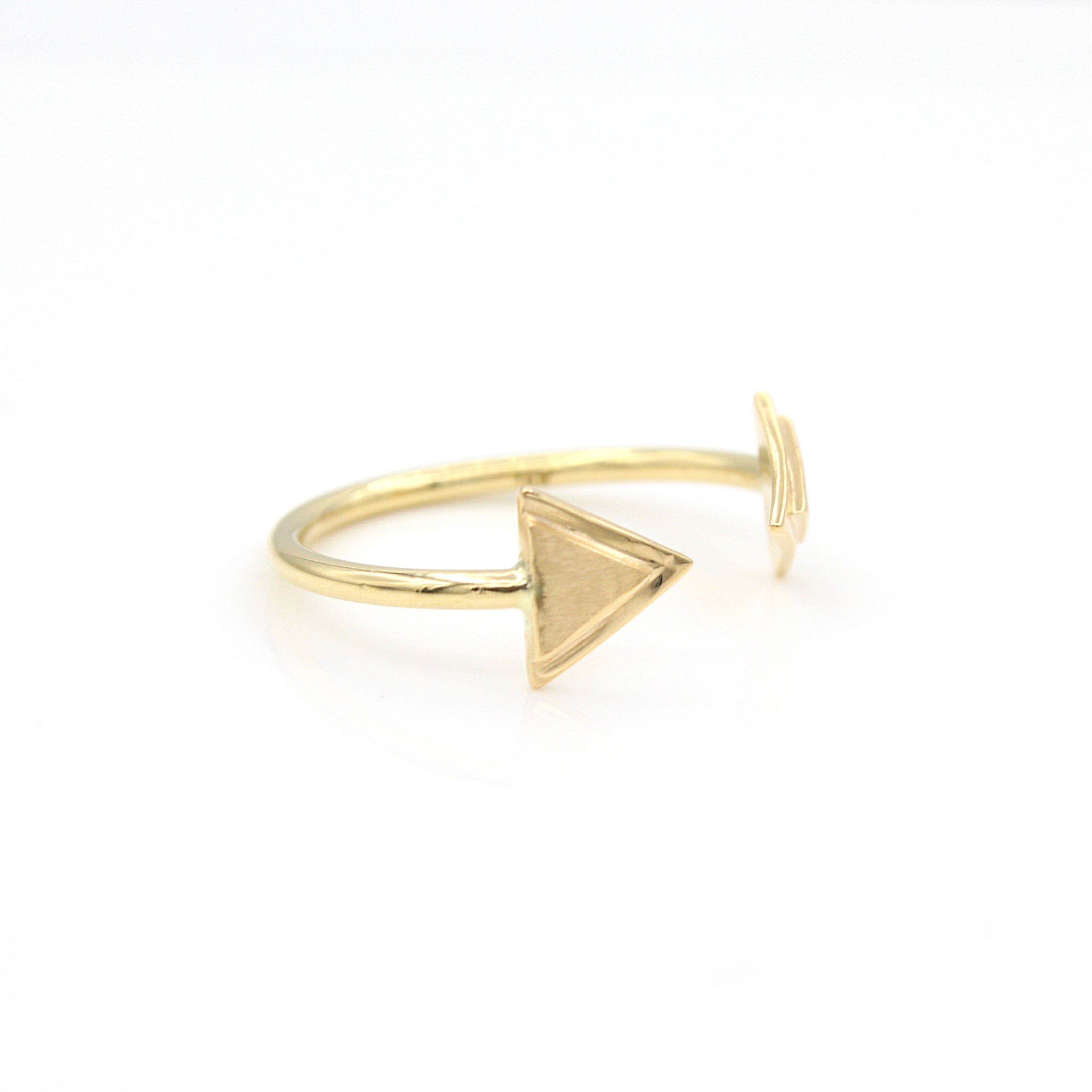 14k Yellow Gold Double Triangle Arrow Open Ring, side view from left.
