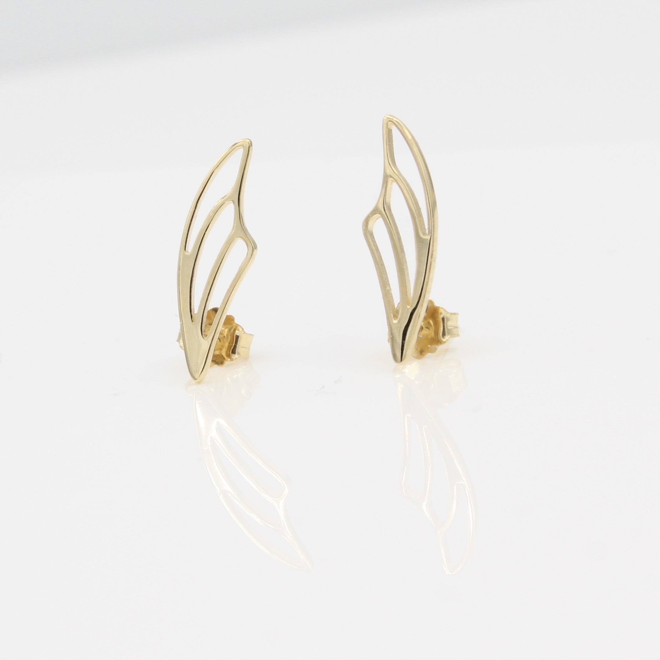 14k Yellow Gold Fairy Wing Ear Climbers Earrings with Posts, close-up front view.